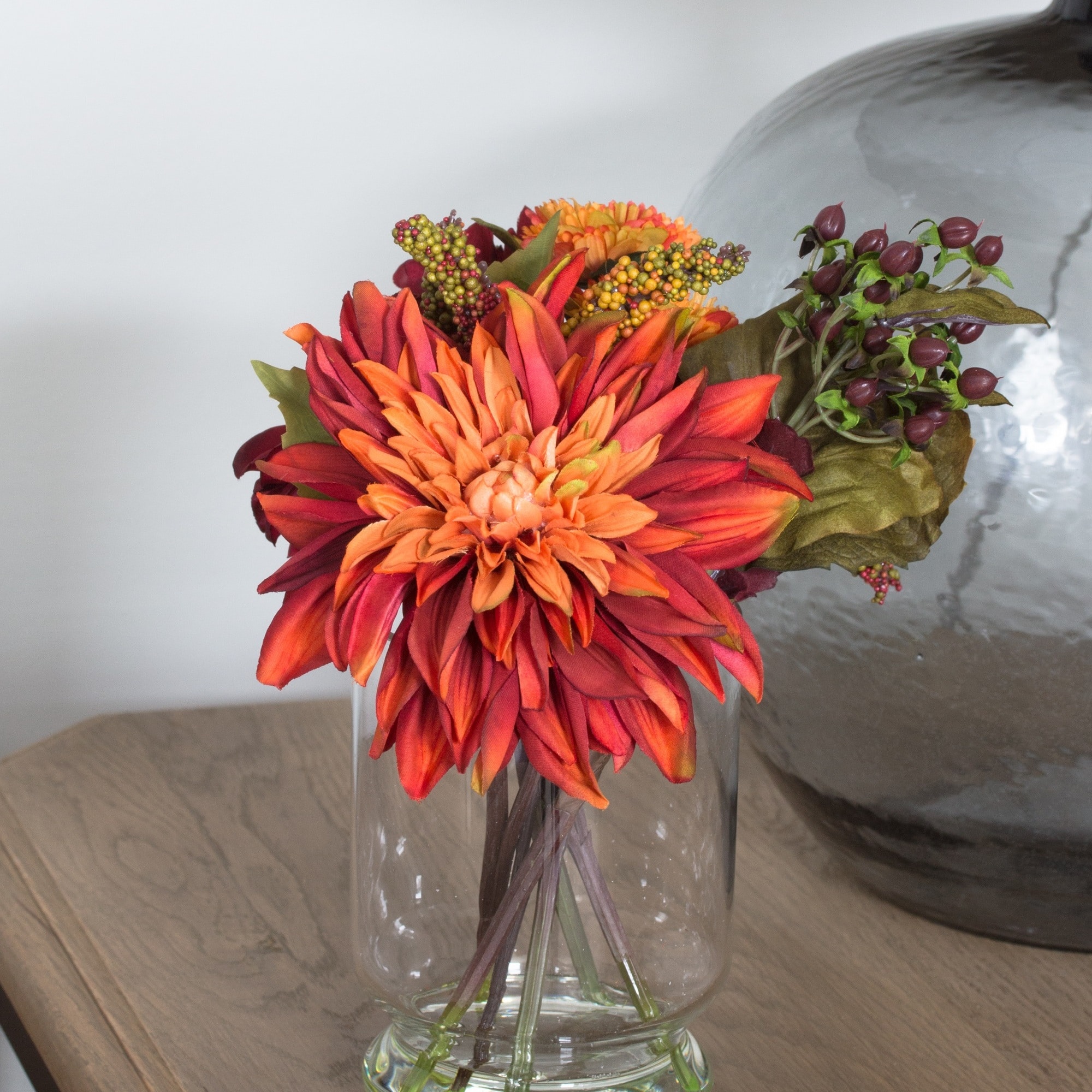 12" Dahlia & Mum Arrangement with Glass Vase 
