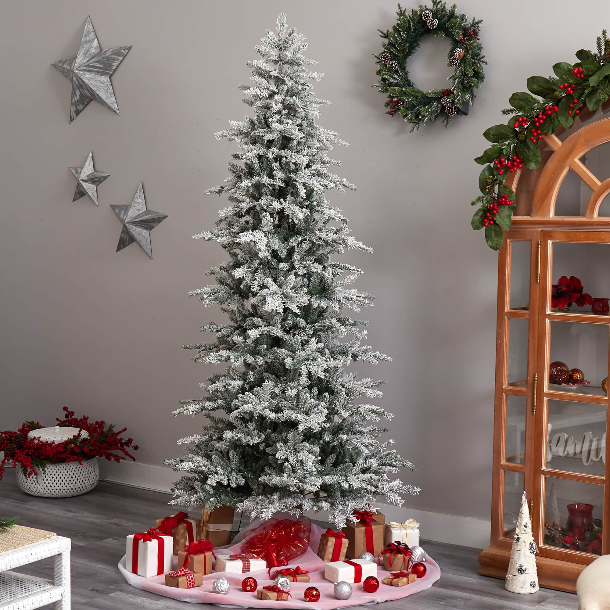 8.5ft. Pre-Lit Slim Flocked Nova Scotia Spruce Artificial Christmas Tree, Warm White LED Lights