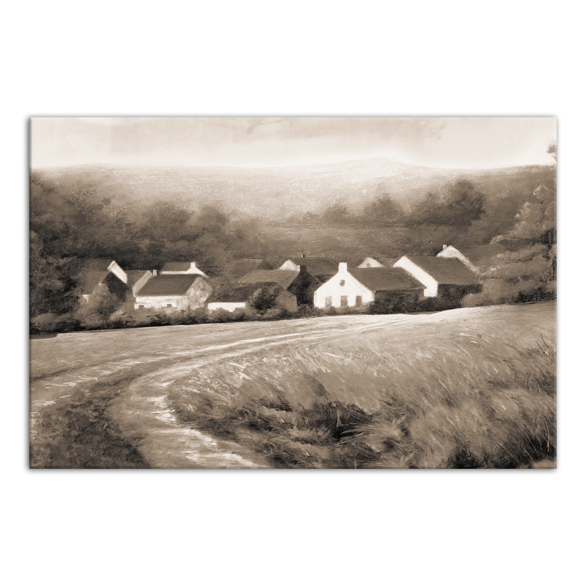 Sepia Town And Field 36" x 24" Canvas Wall Art