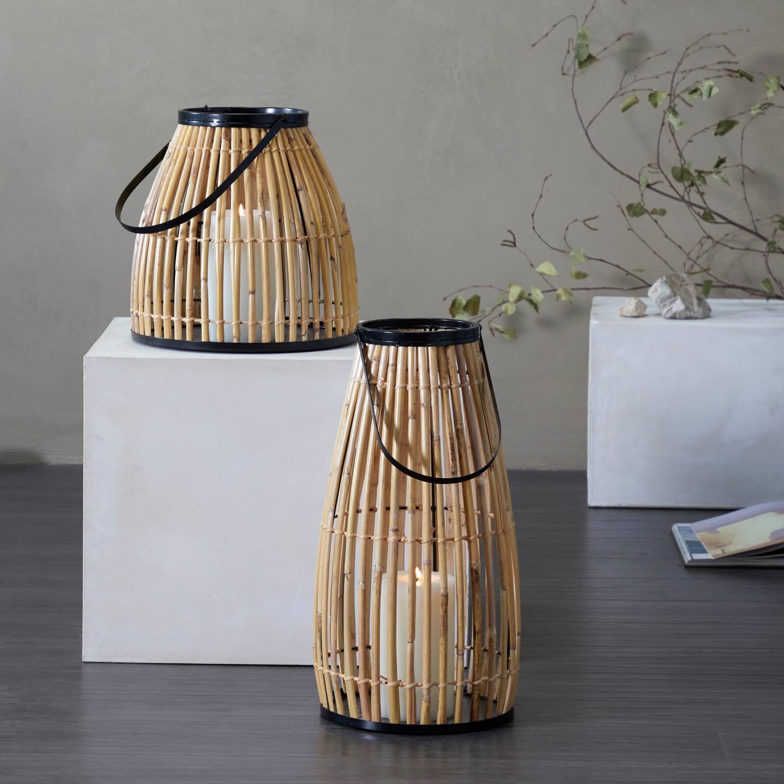 20" Brown Wicker Handmade Slatted Frame Candle Lantern with Handle