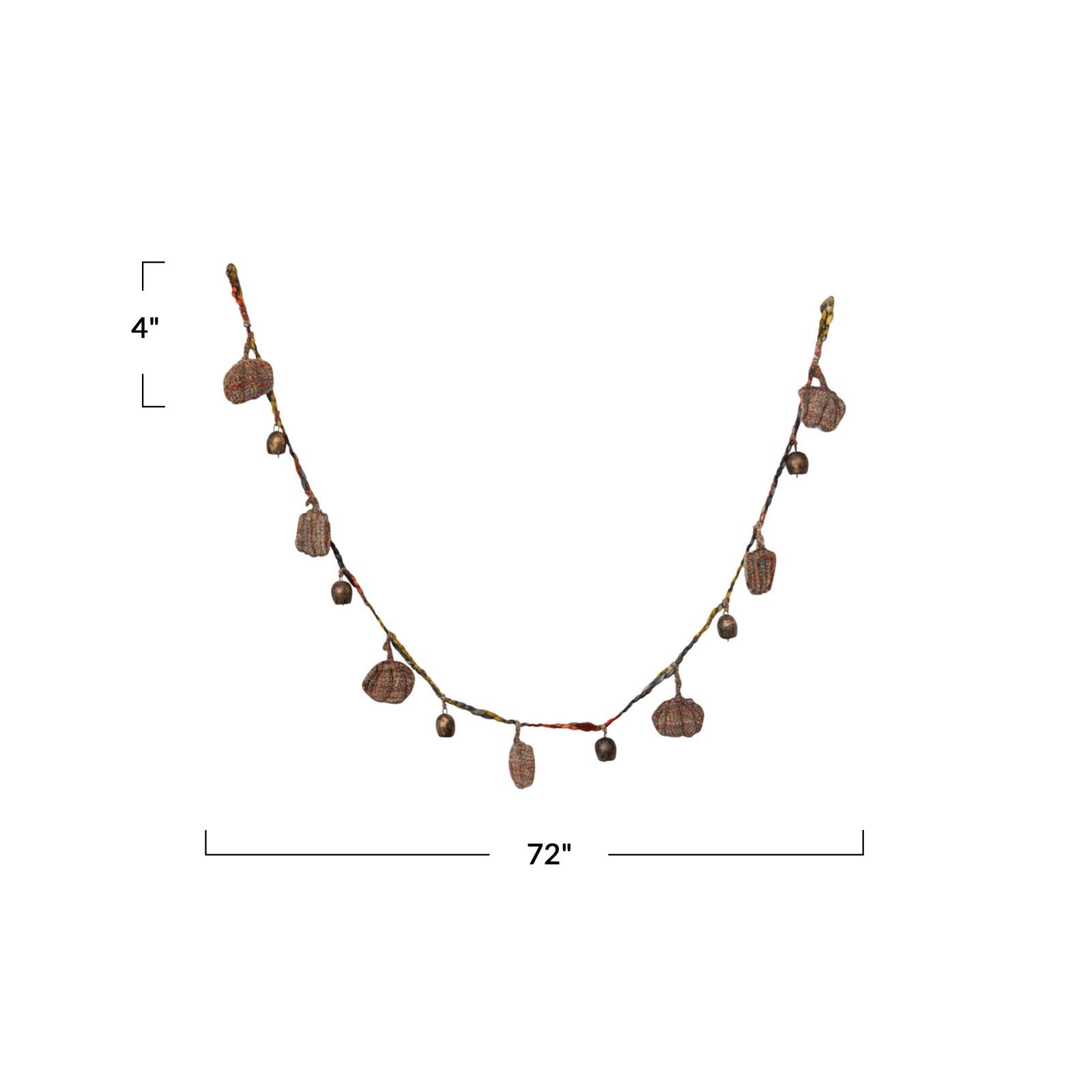 Hello Honey® 6ft. Decorative Hand-Woven Mélange Fabric Pumpkin & Metal Bell Garland