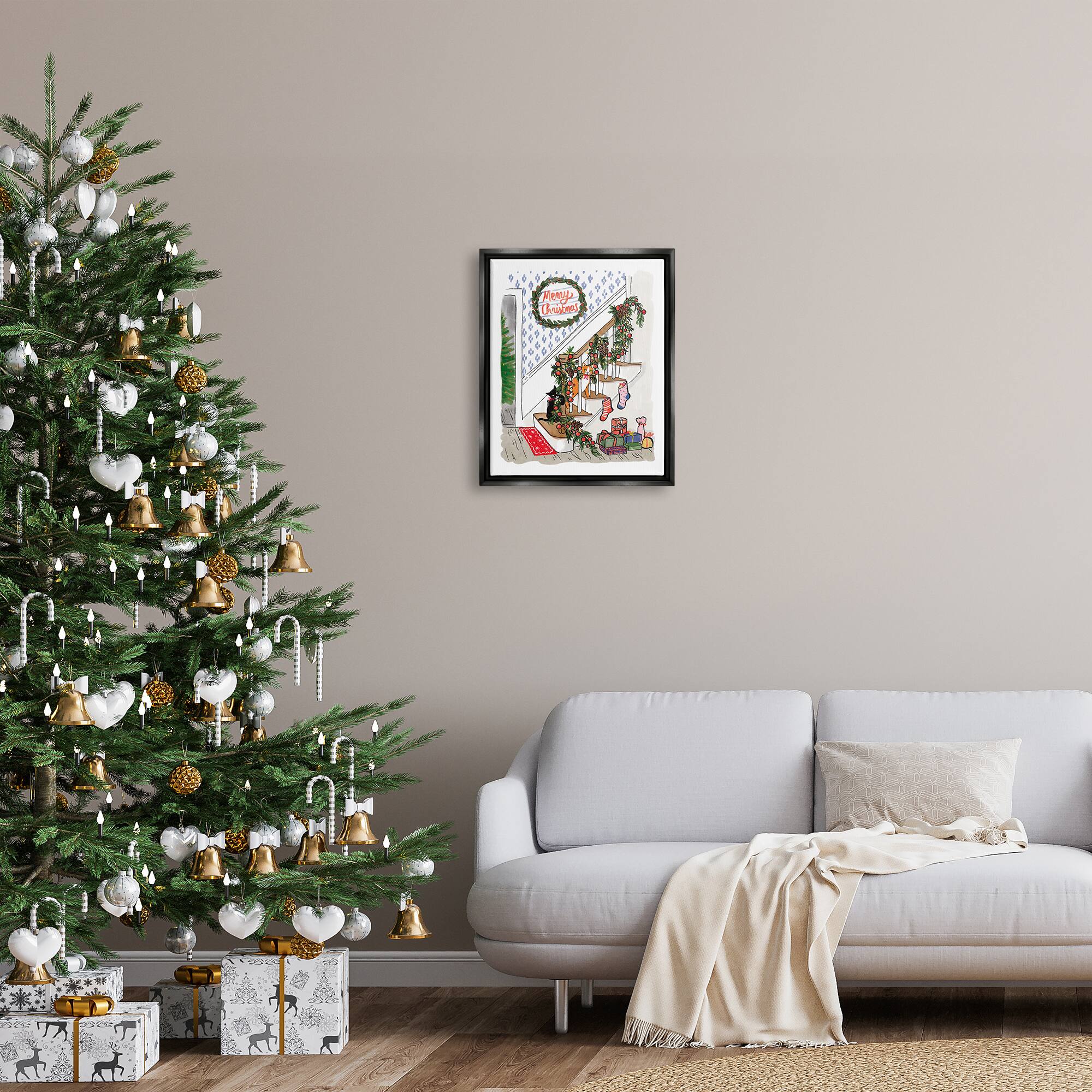 Stupell Industries Merry Christmas Holiday Stairway Framed Floater Canvas Wall Art