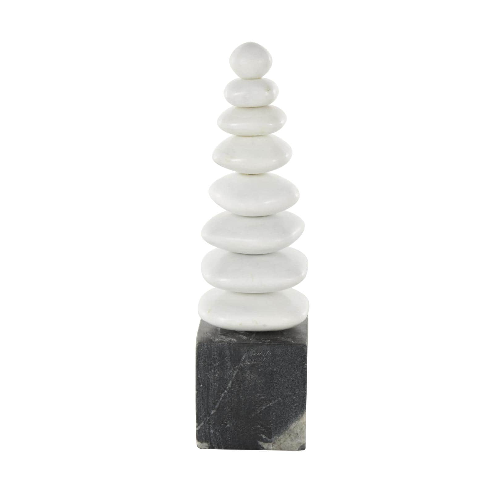 White & Black Abstract Stacked Stone Marble Sculpture with Block Base