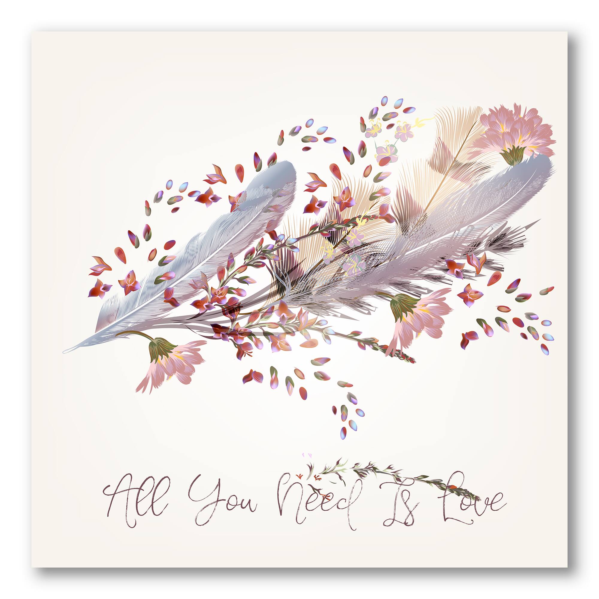 Designart - Pink Feathers and Bird All You Need Is Love