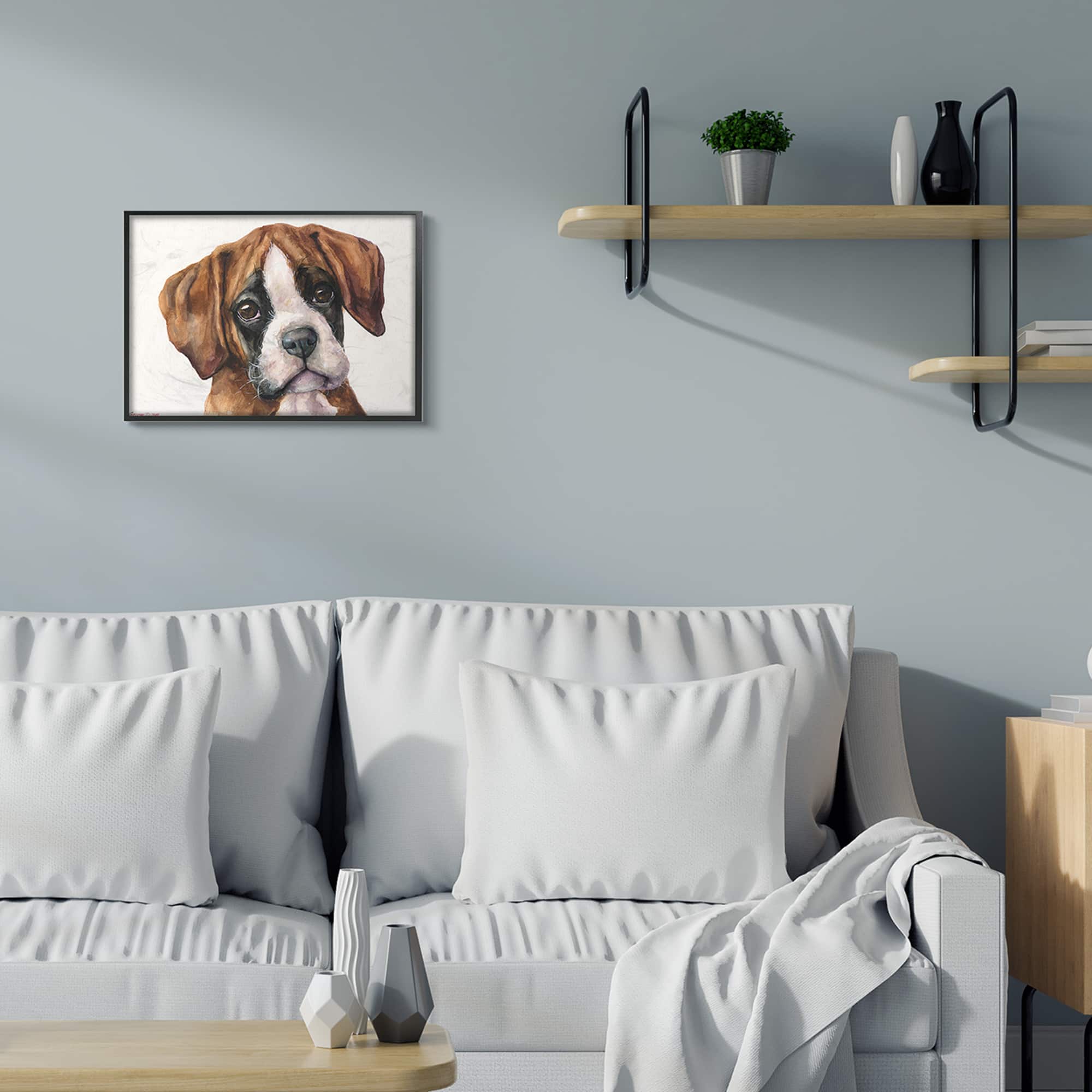 Stupell Industries Puppy Eyes Boxer Dog Pet Portrait Brown White in Frame Wall Art
