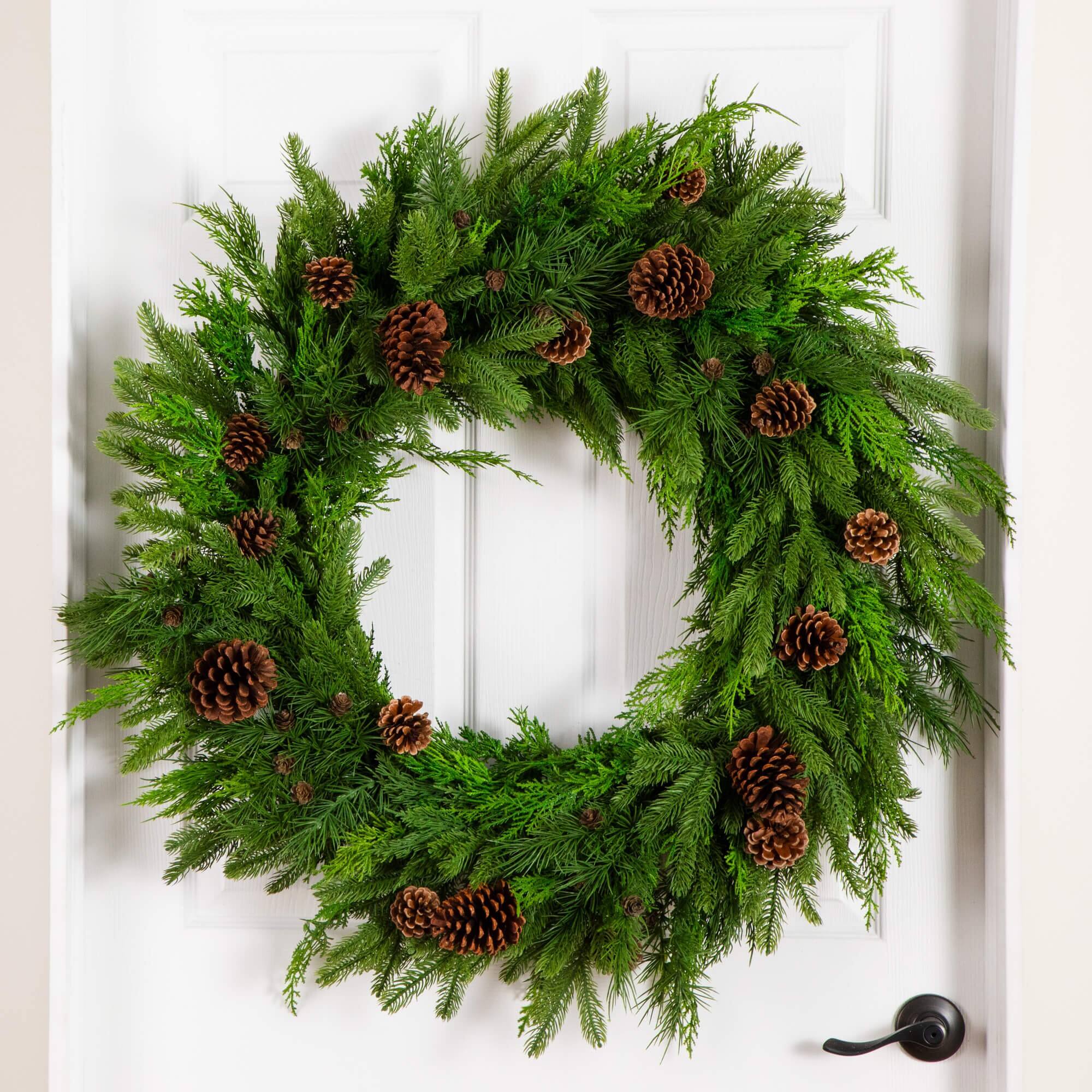 30in. Artificial Norfolk Mixed Pine Wreath with Pinecones