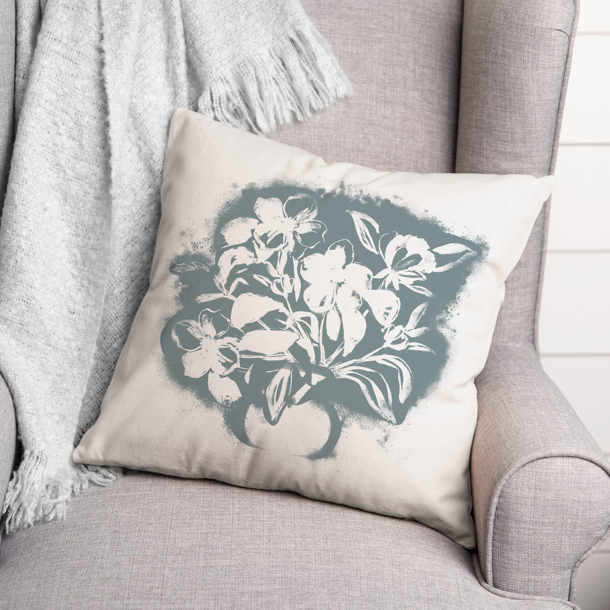 Blue Spray Paint Floral 18" x 18" Throw Pillow