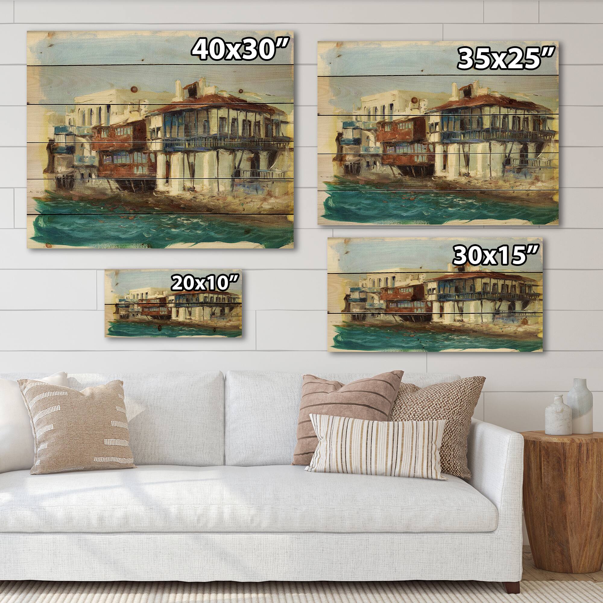 Designart - Old Houses On The Island of Mykonos Greece - Nautical & Coastal Print on Natural Pine Wood