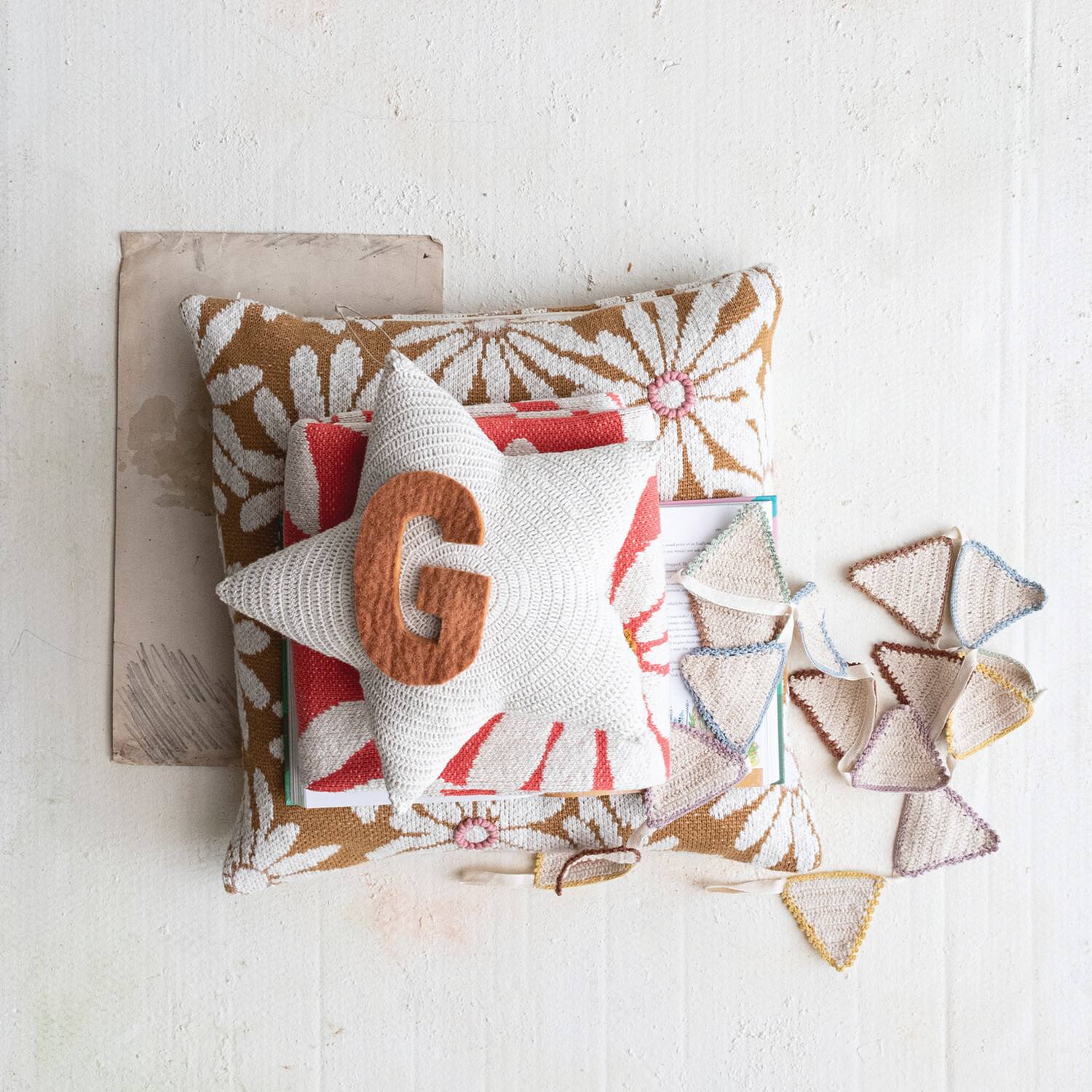 Hello Honey® 14" x 14" Crochet Hand-Woven Reclaimed Cotton Star-Shaped Pillow