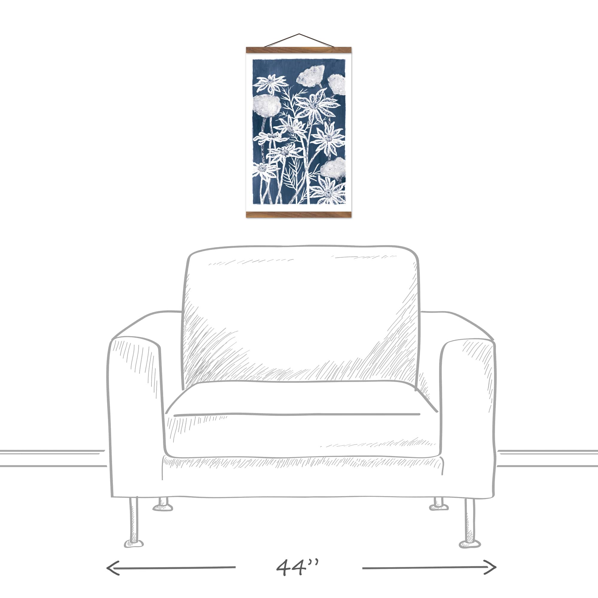 Blue White Floral 12" x 18" Teak Hanging Canvas