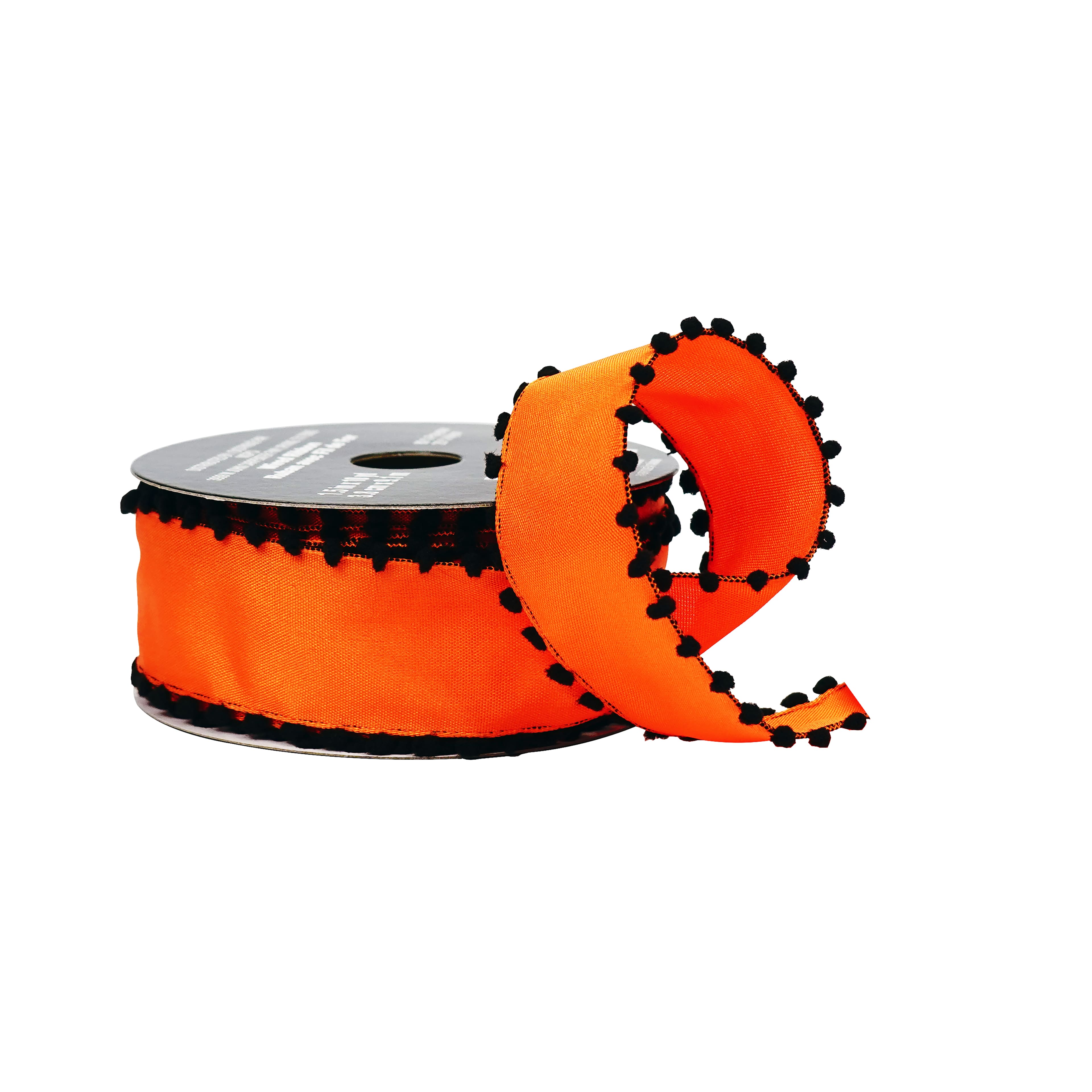 1.5" x 10yd. Orange & Black Pom Pom Edged Wired Ribbon by Celebrate It®