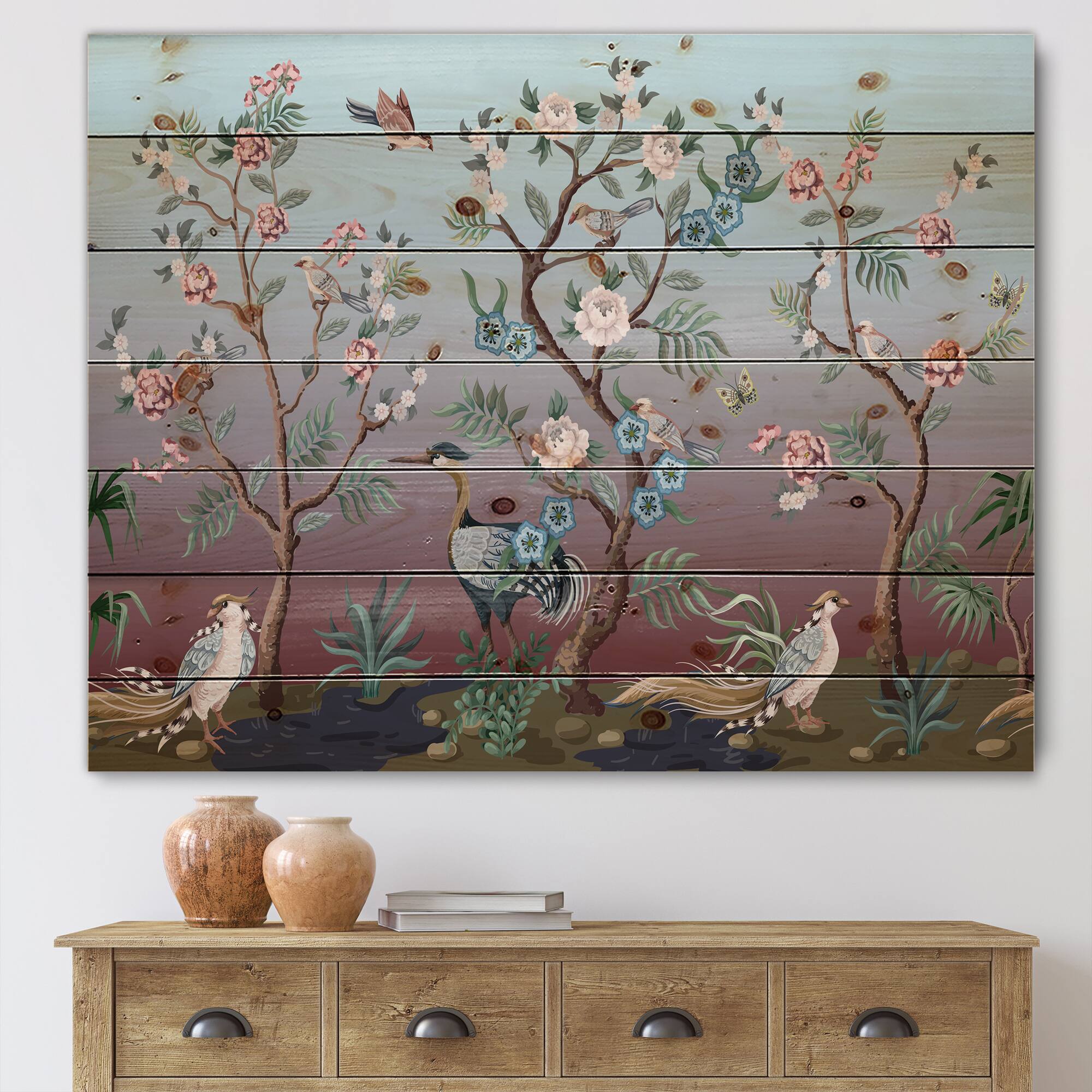 Designart - Chinoiserie With Birds and Peonies XI - Traditional Print on Natural Pine Wood
