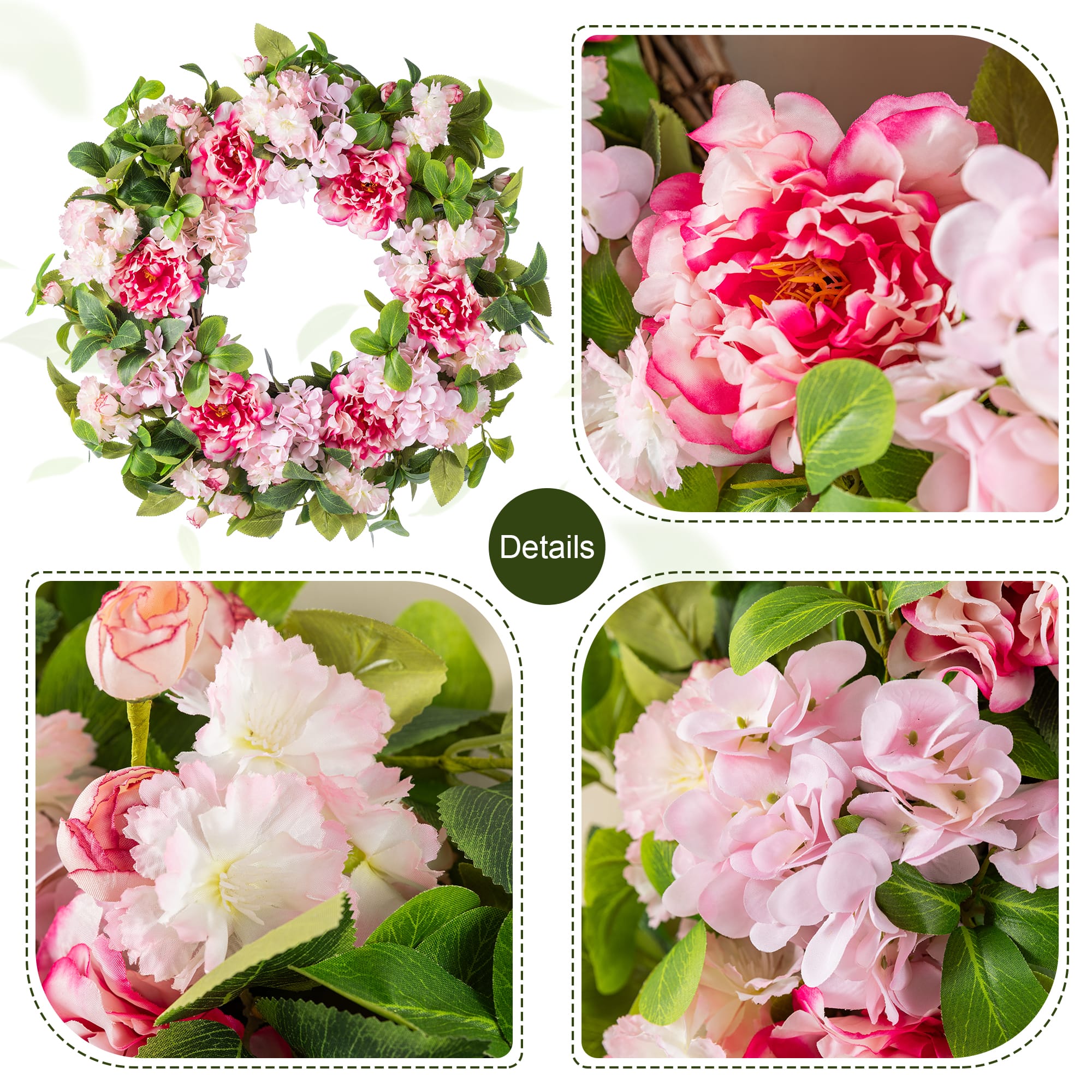 Glitzhome® 24" Pink Hydrangea, Peony & Cherry Blossom Wreath with Black Metal Hanger