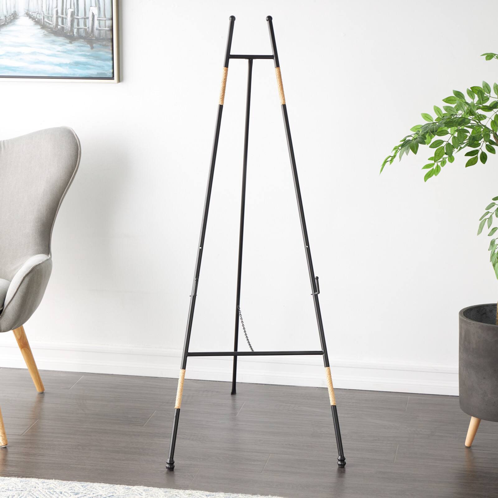 53.5" Black Metal Slim Foldable 2-Tier Easel with Wrapped Rattan Accents