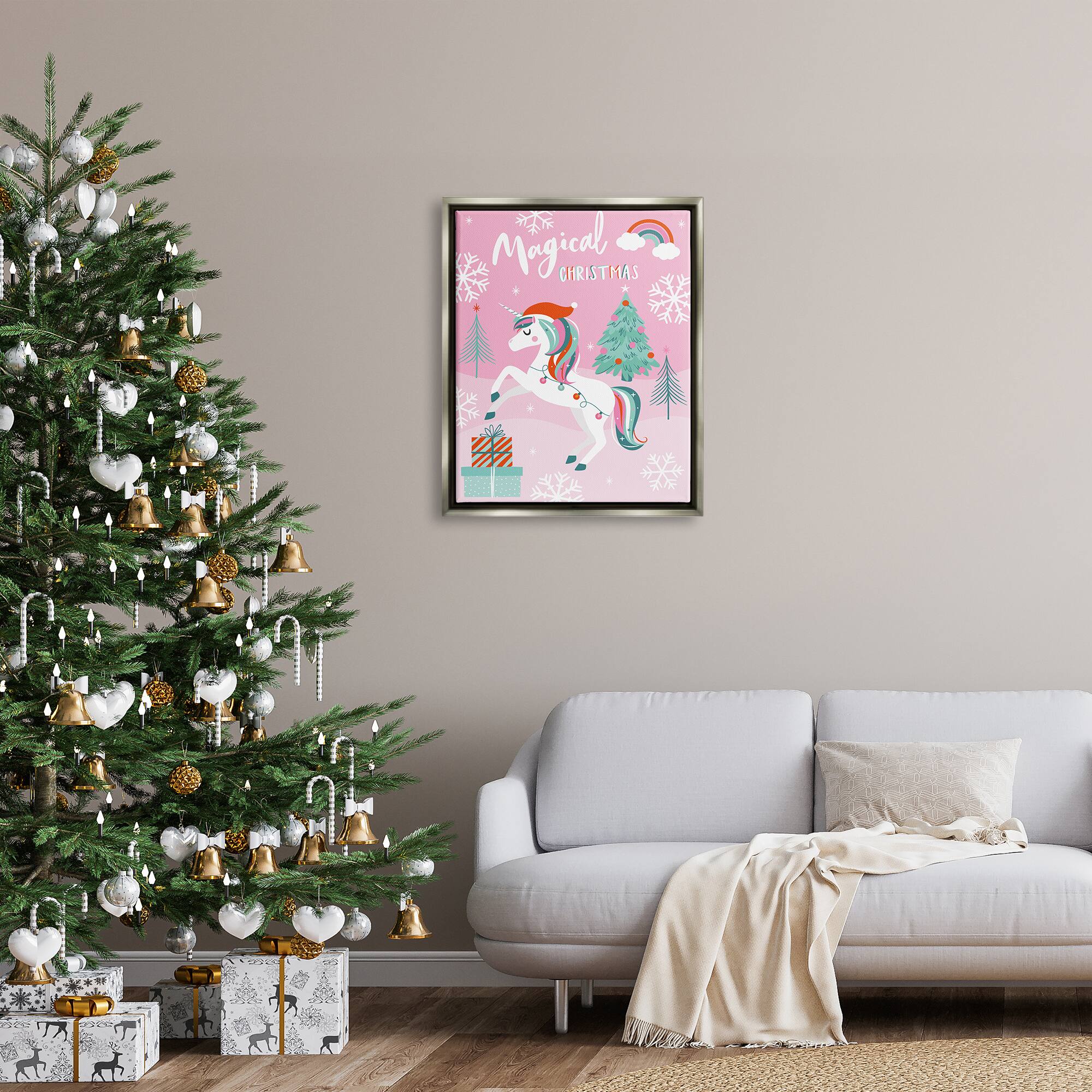 Stupell Industries Magical Christmas Pink Unicorn Framed Floater Canvas Wall Art