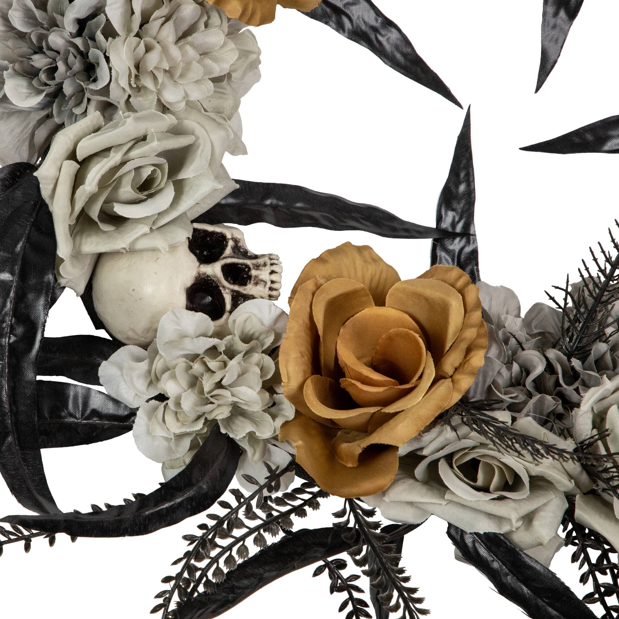 14" Unlit Skulls with Orange & Gray Roses Halloween Wreath