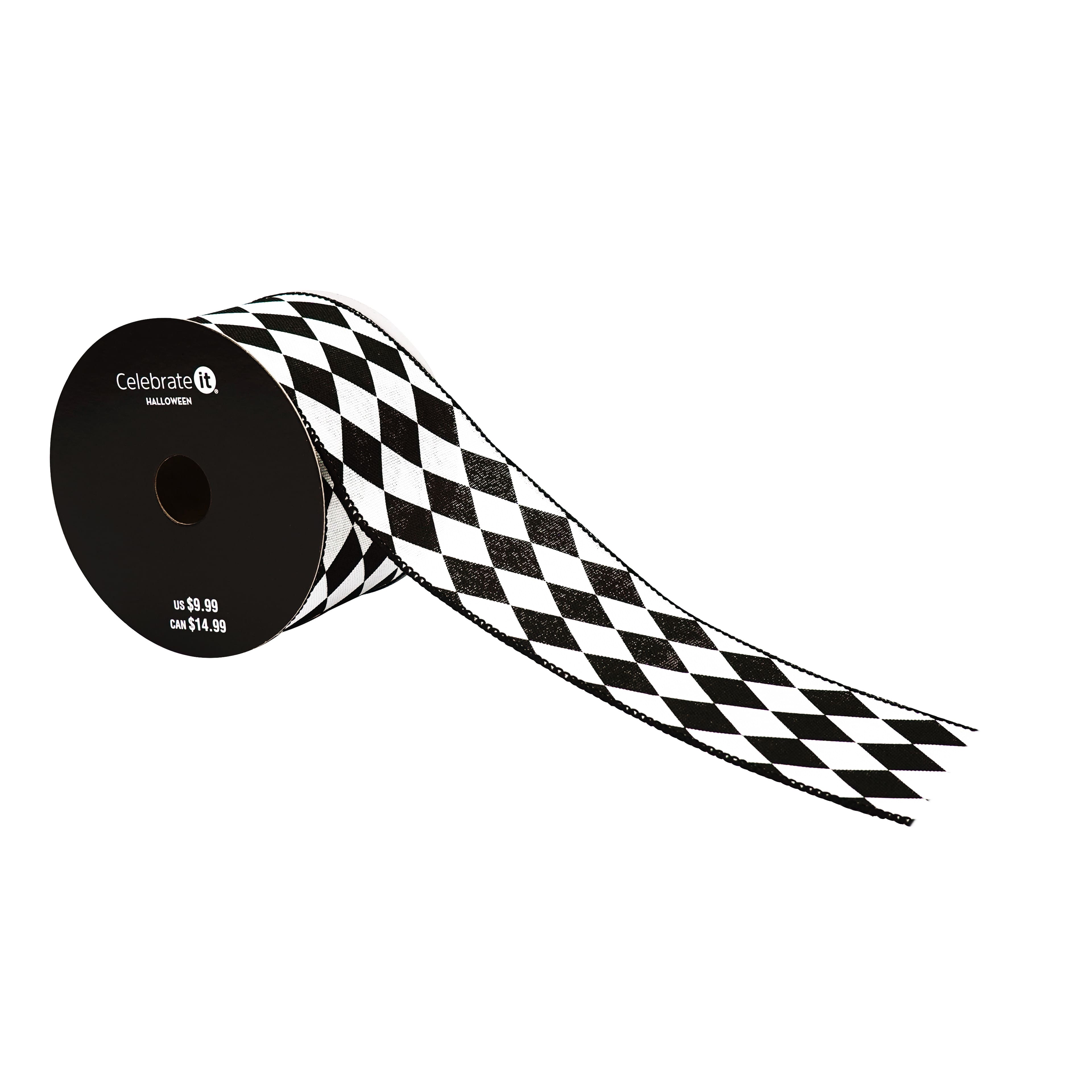 2.5" x 6.6yd. Black & White Diamond Wired Faux Linen Ribbon by Celebrate It®