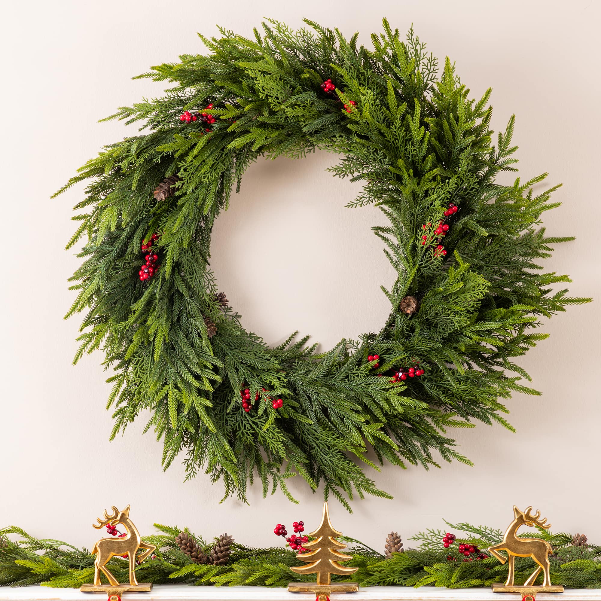 Glitzhome® 30" Oversized Christmas PE Wreath with Pinecones and Red Berries