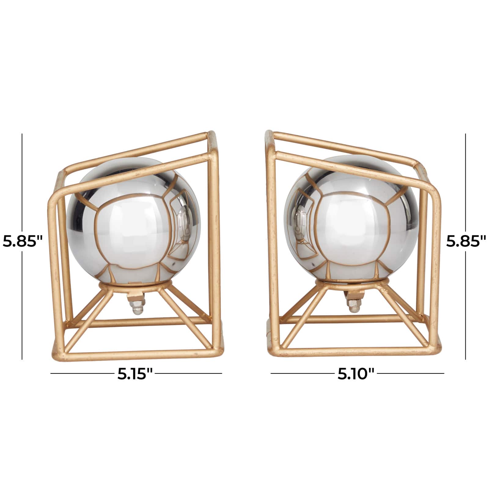 6" Silver Stainless Steel Orb Geometric Bookends with Gold Base Set