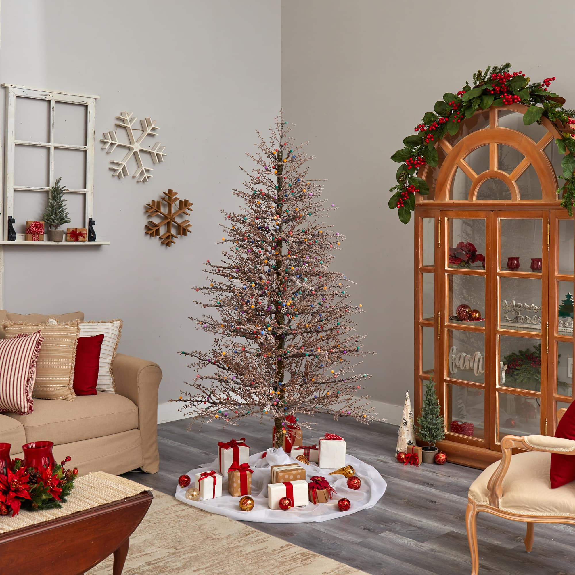 7ft. Pre-Lit Frosted Berry Twig Artificial Christmas Tree, Multicolor Gum Ball LED Lights