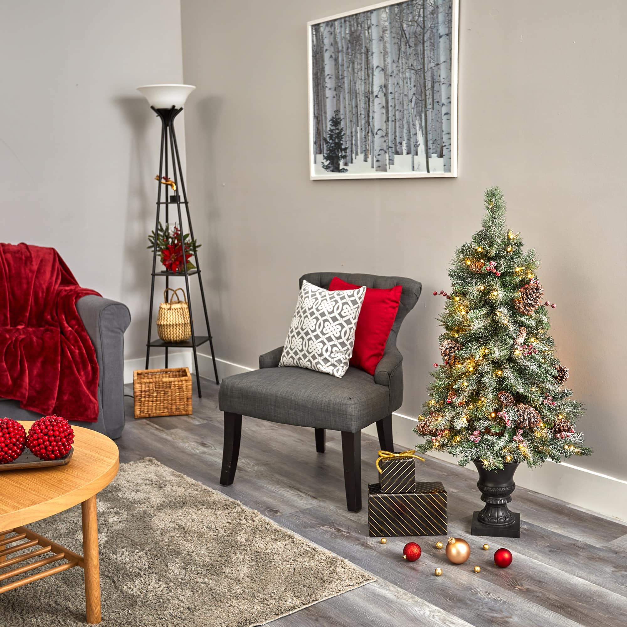 4ft. Pre-Lit Frosted Pine Artificial Christmas Tree with Pinecones & Berries, Clear LED Lights