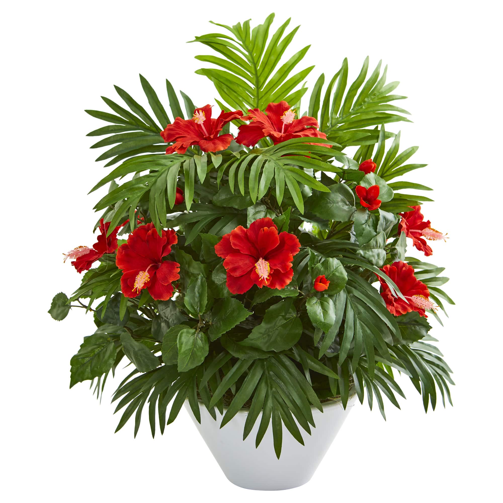 2.2ft. Red Hibiscus & Areca Palm Artificial Plant in White Bowl