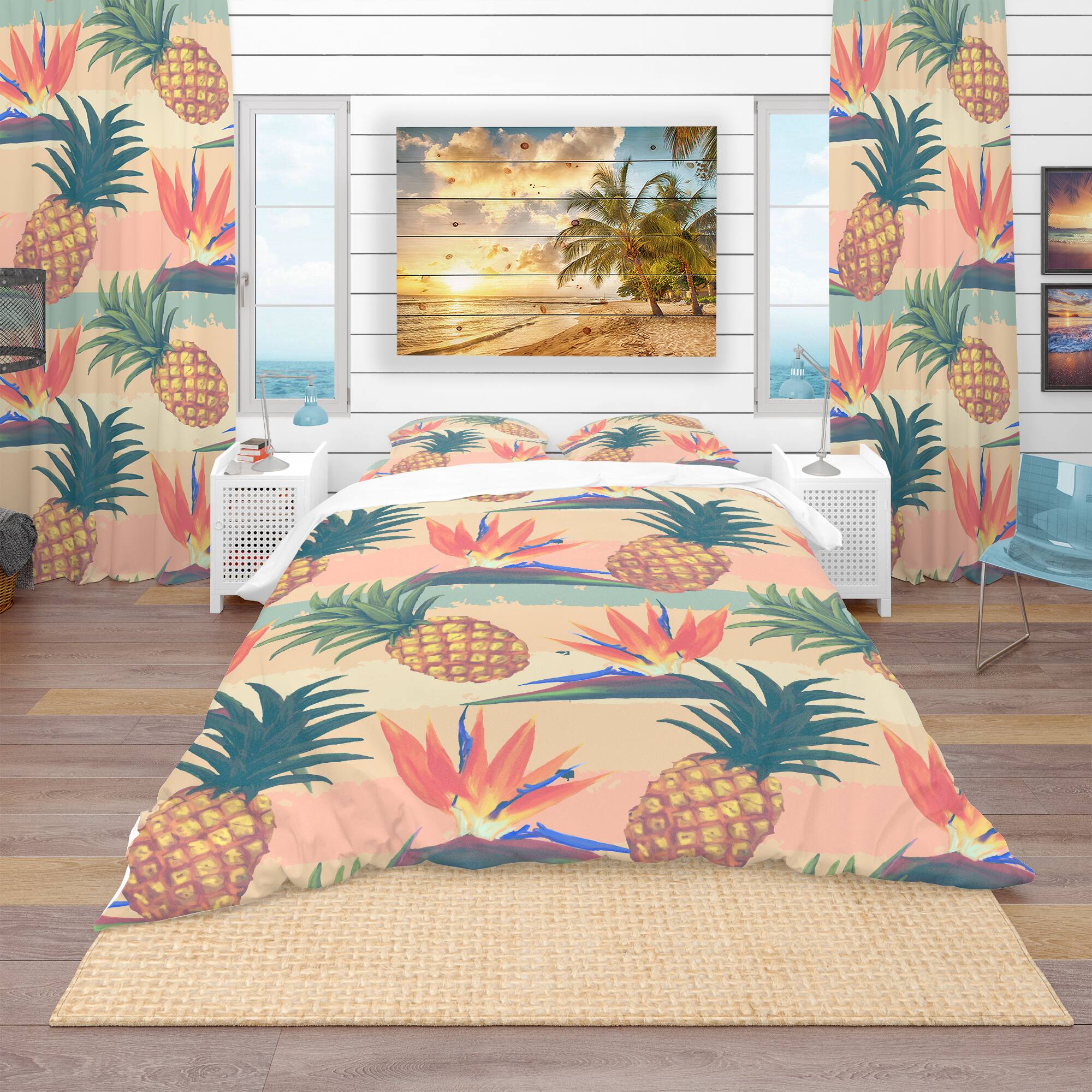 Designart 'Tropical Exotic Flowers & Pineapple Pattern' Tropical Bedding Set - Duvet Cover & Shams
