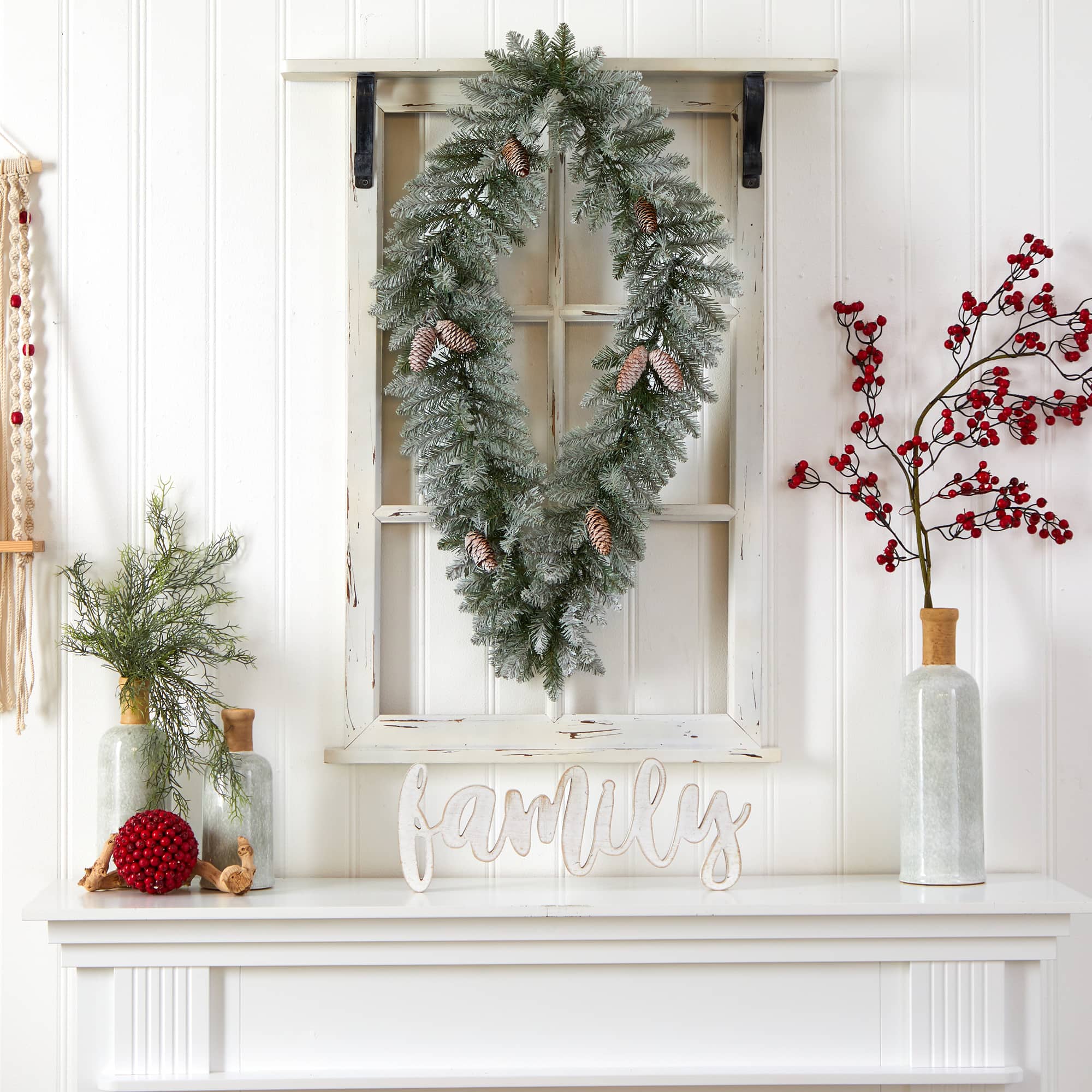 3ft. White LED Lights Geometric Diamond Christmas Frosted Wreath With Pinecones