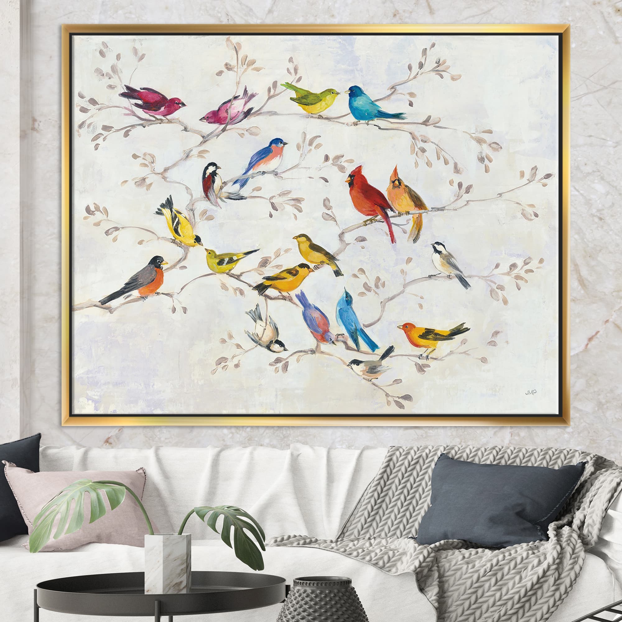 Designart - Multi-Color Bird on Tree - Modern Farmhouse Canvas in Gold Frame