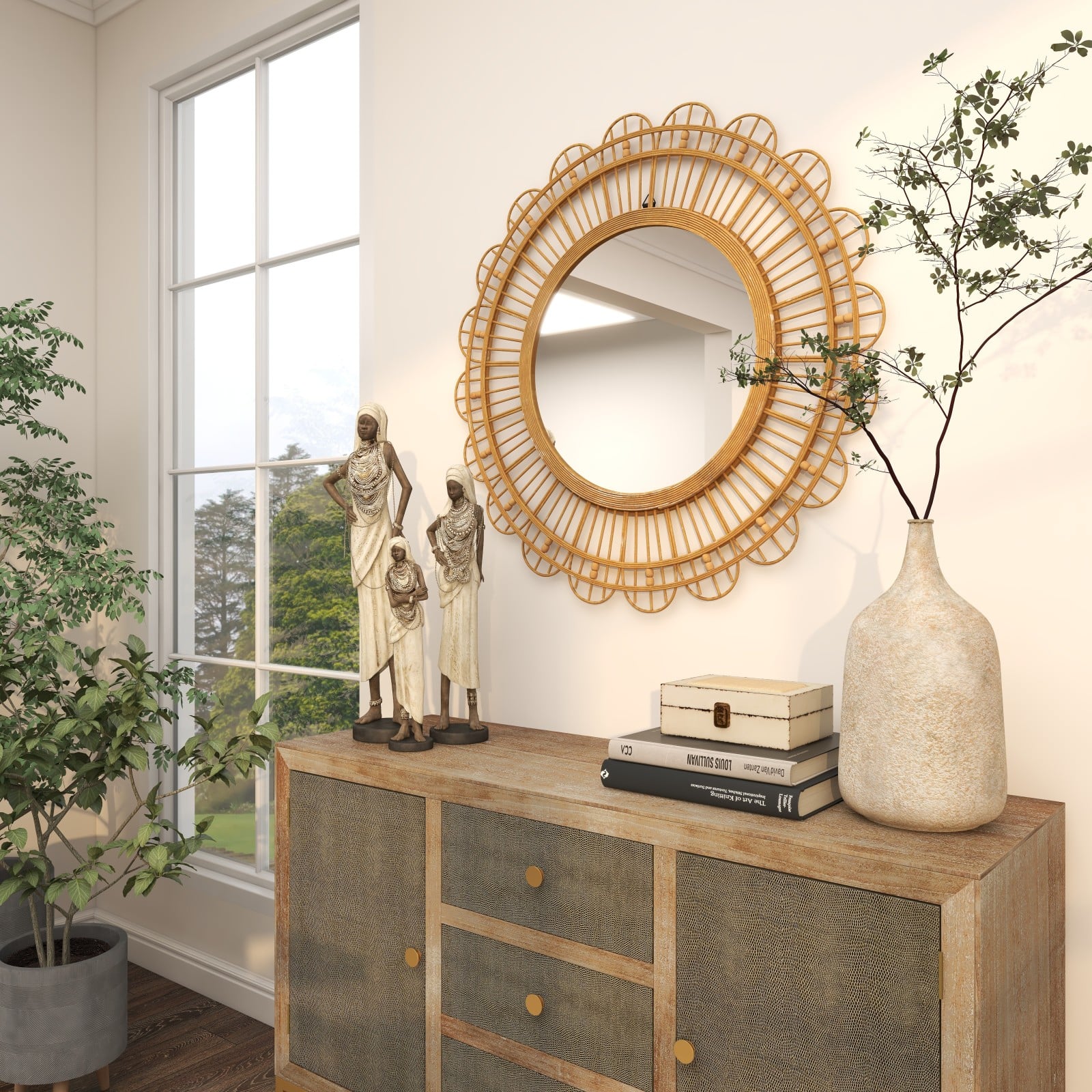 35" Brown Handmade Bamboo Woven Wall Mirror with Beaded Accents