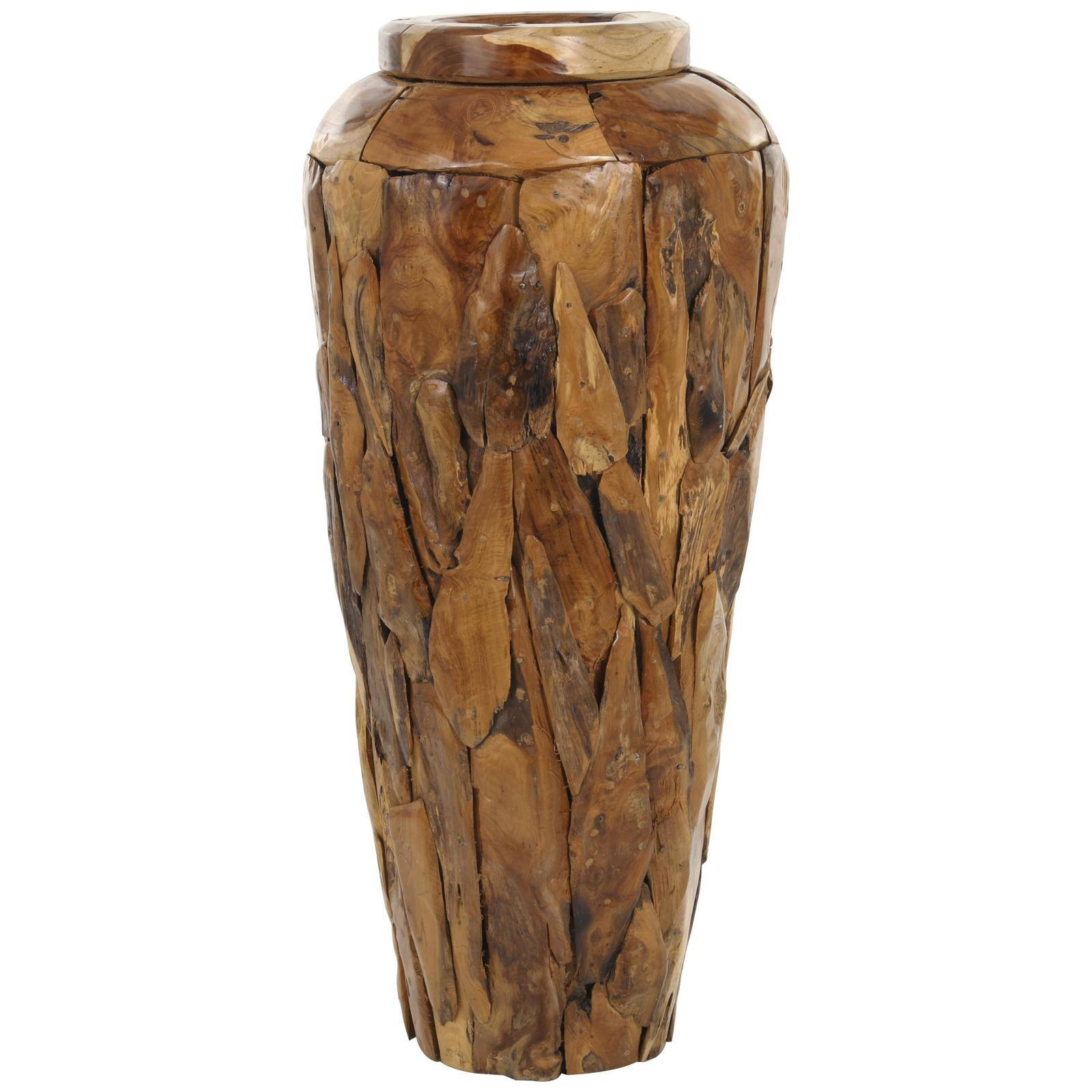 Brown Teak Wood Handmade Tall Floor Vase with Mosaic Live Edge