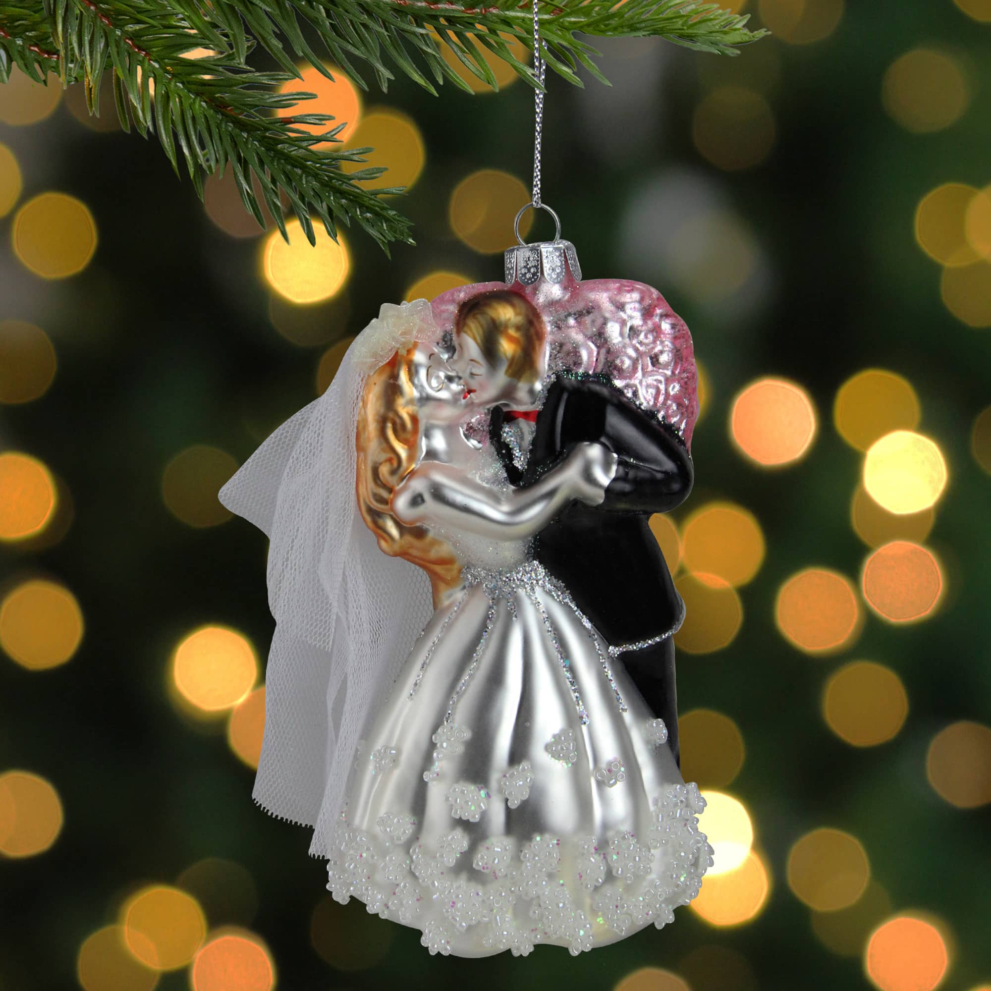 5.25" Bride and Groom Kissing Glass Wedding Christmas Ornament