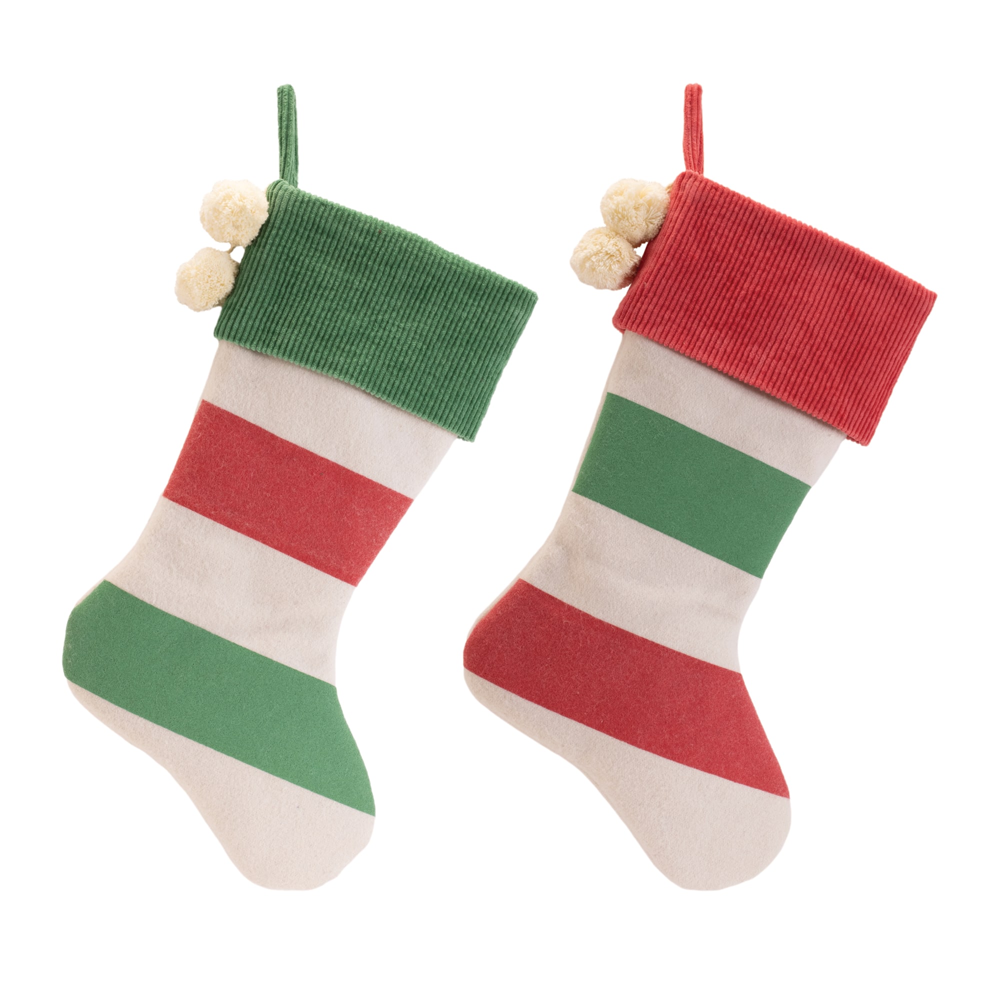 94929DS 19 in. Wool & Acrylic Stocking, White, Green & Red - Set of 2
