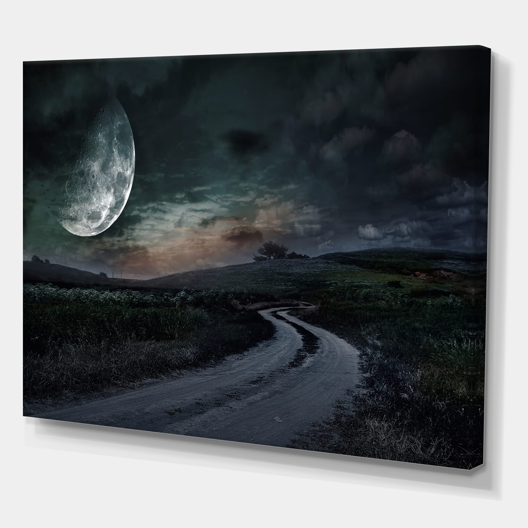 Designart - Rural Road Through The Meadow Under Full Moon - Nautical & Coastal Canvas Wall Art Print
