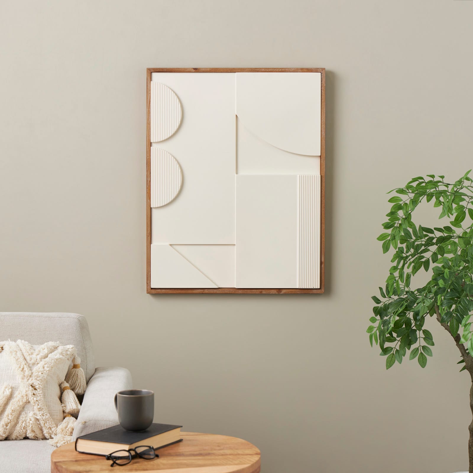 Wall Décor Cream Wood Geometric Design with Brown Wood Frame