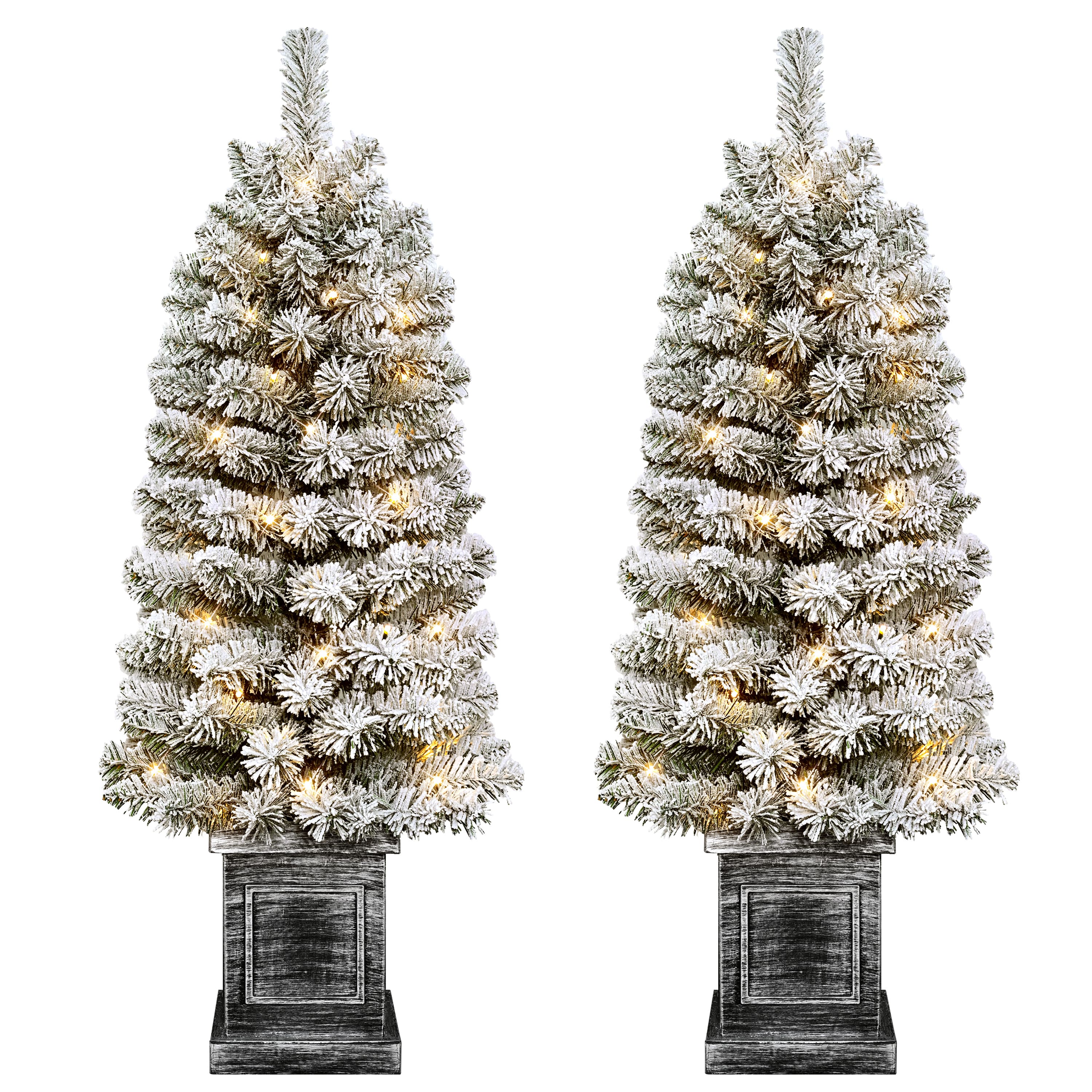 Puleo International 3.5ft. Pre-Lit Battery-Operated Flocked Spruce Artificial Christmas Trees with Pinecones, Warm White LED Lights, 2ct.