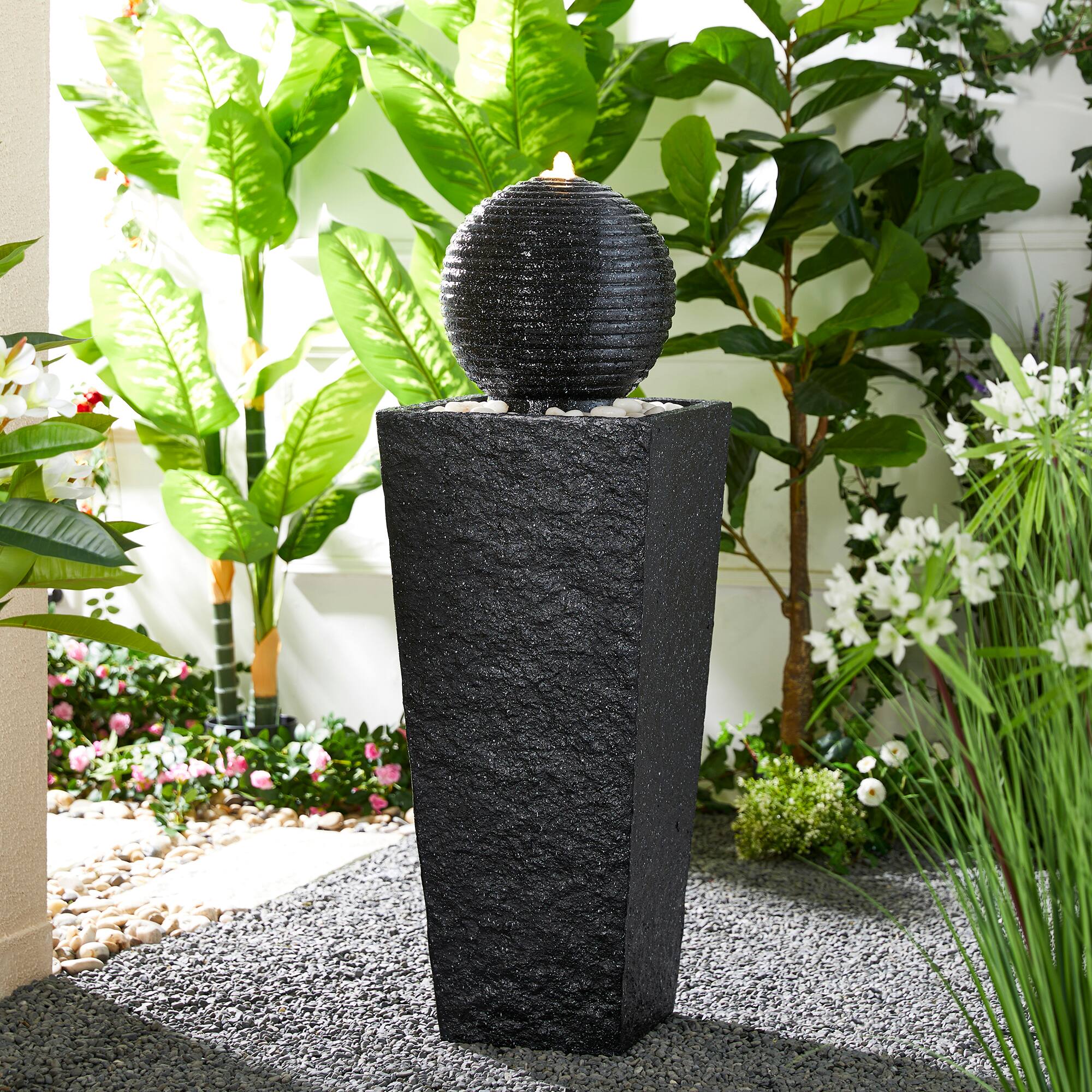 Glitzhome® Modern LED Black Geometric Pedestal & Sphere Outdoor Floor Fountain