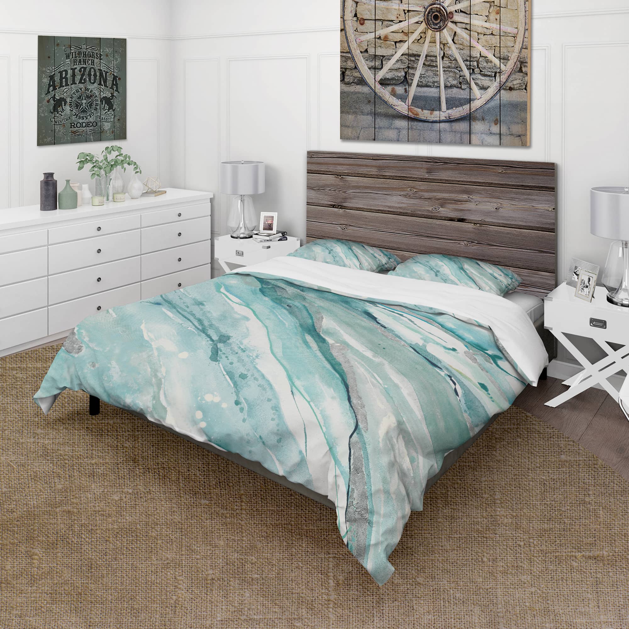 Designart Silver Springs II Blue Green Farmhouse Duvet Cover Set