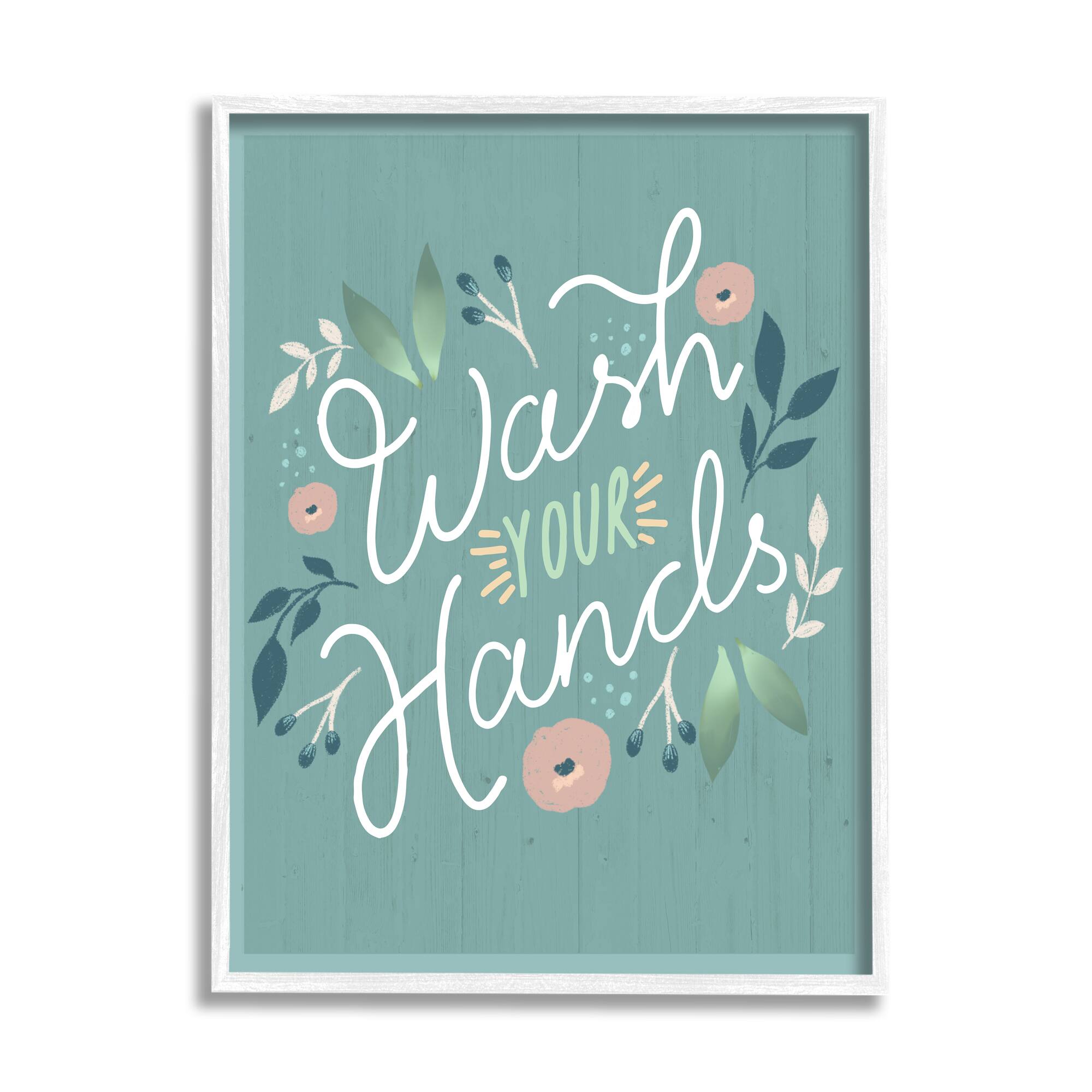 Stupell Industries Wash Your Hands Pink Florals Green Farmhouse Pattern Framed Wall Art