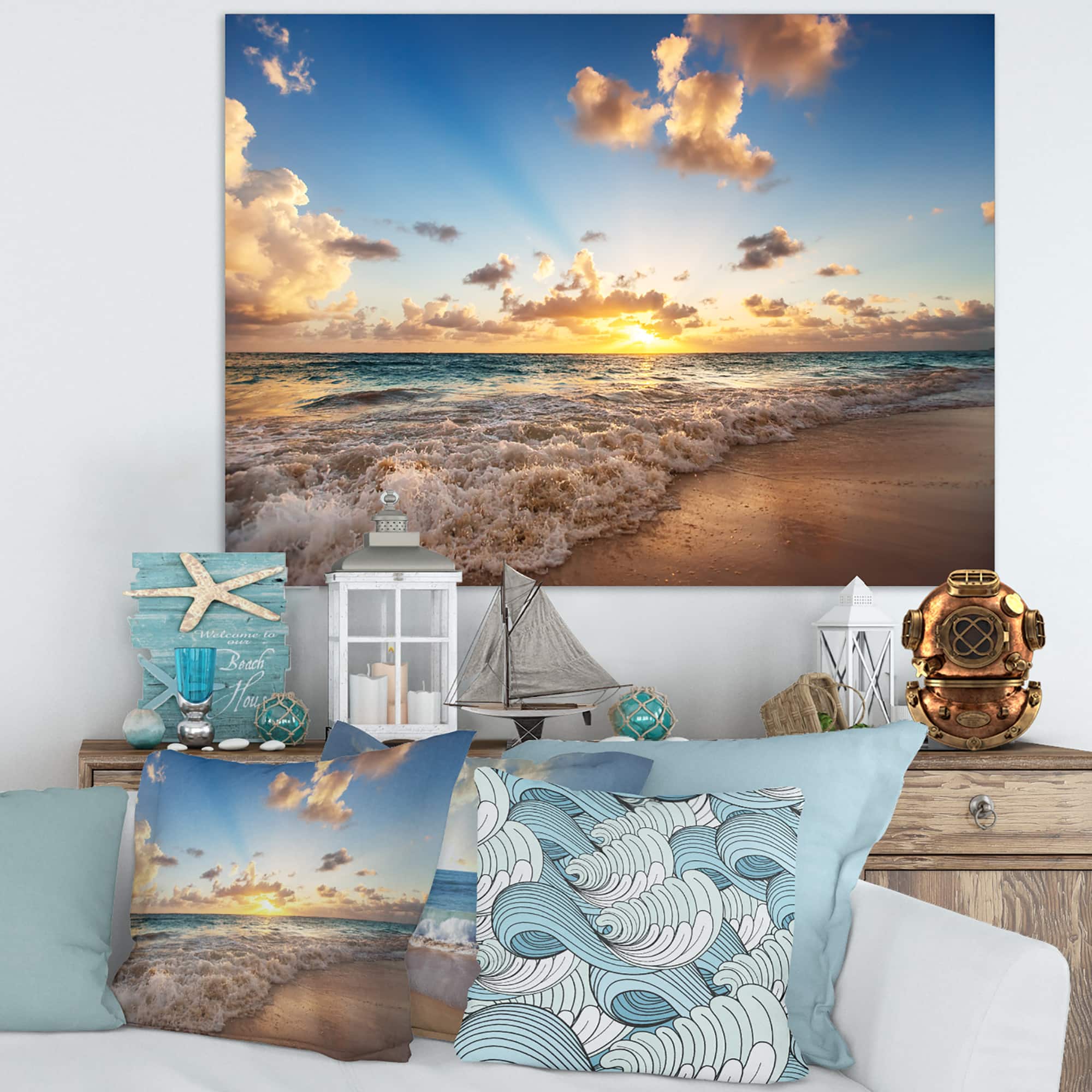 Designart - Sunrise on Beach of Caribbean Sea - Large Seashore Canvas Art Print