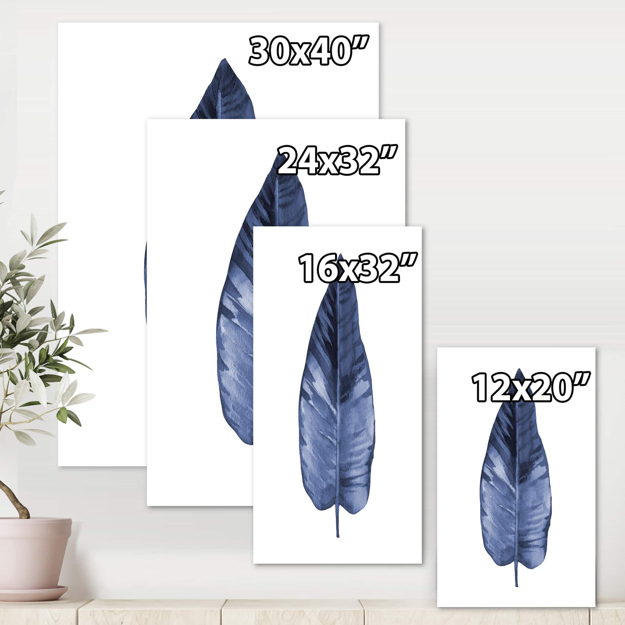 Designart - Blue Leaf Watercolour On White - Traditional Canvas Wall Art Print