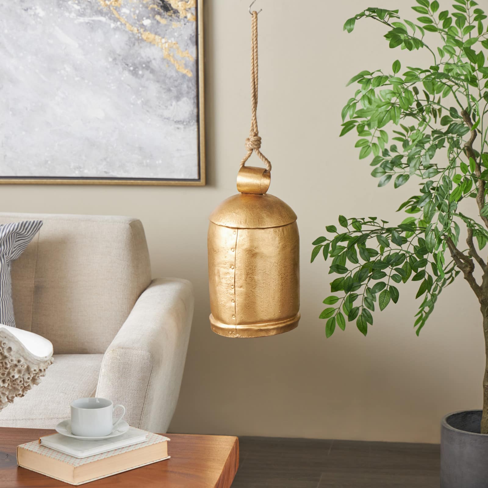 Gold Metal Decorative Bell with Jute Hanging Rope