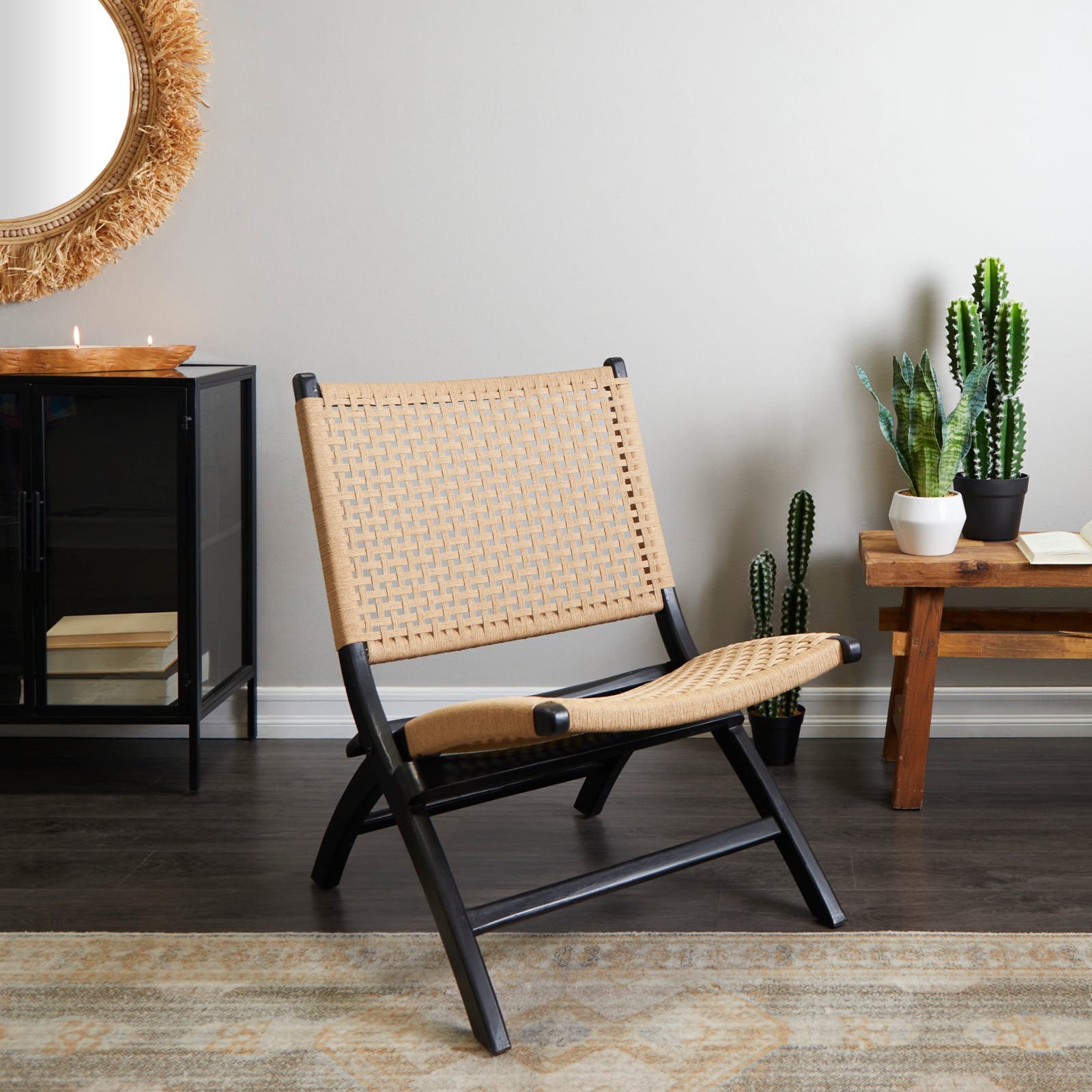 34" Black Wood Handmade Woven  Folding Chair