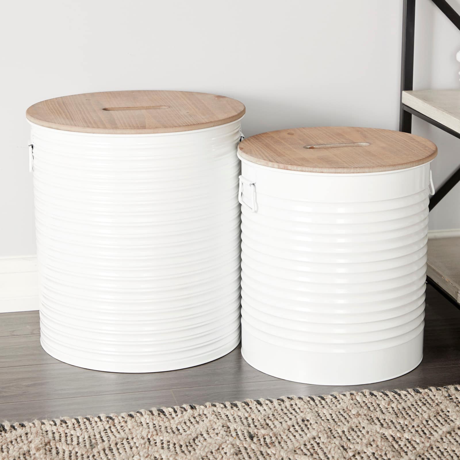 Set of 2 White Metal Farmhouse Storage Stool, 18", 16"