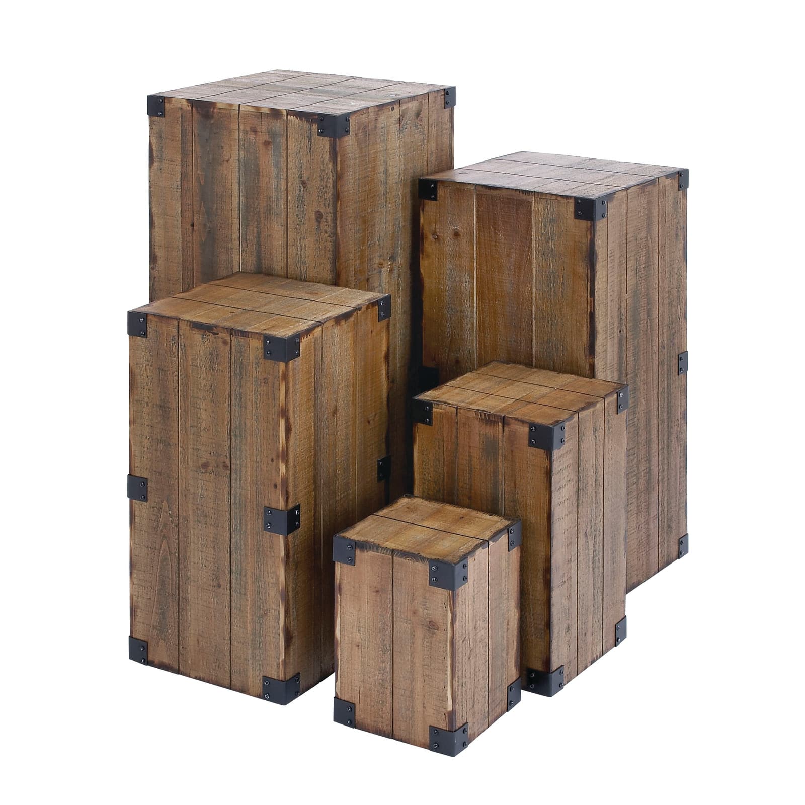 Set of 5" Brown Wood Farmhouse Pedestal Table, 36", 30", 24", 18", 12"