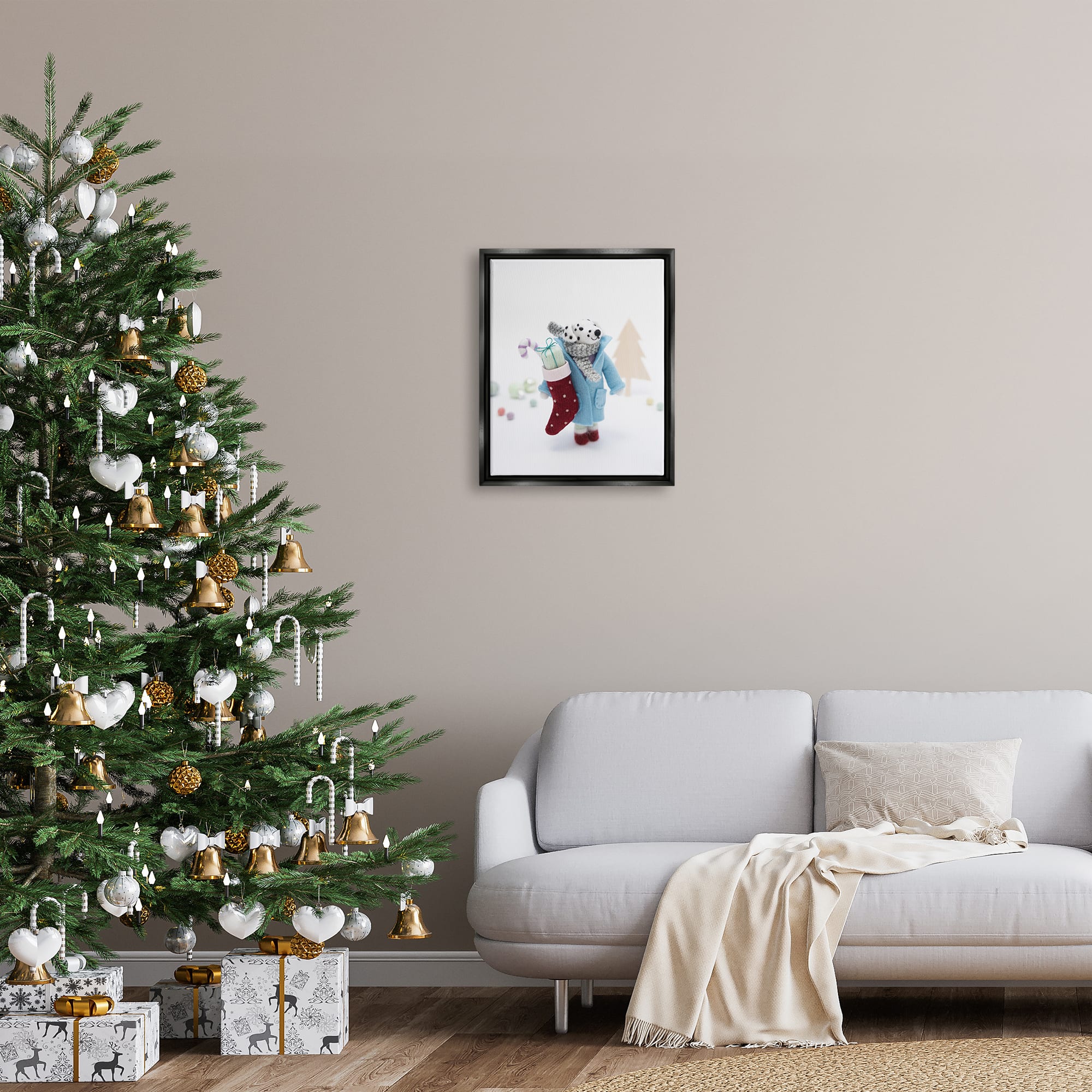 Stupell Industries Dalmatian Christmas Stocking Scene Framed Floater Canvas Wall Art
