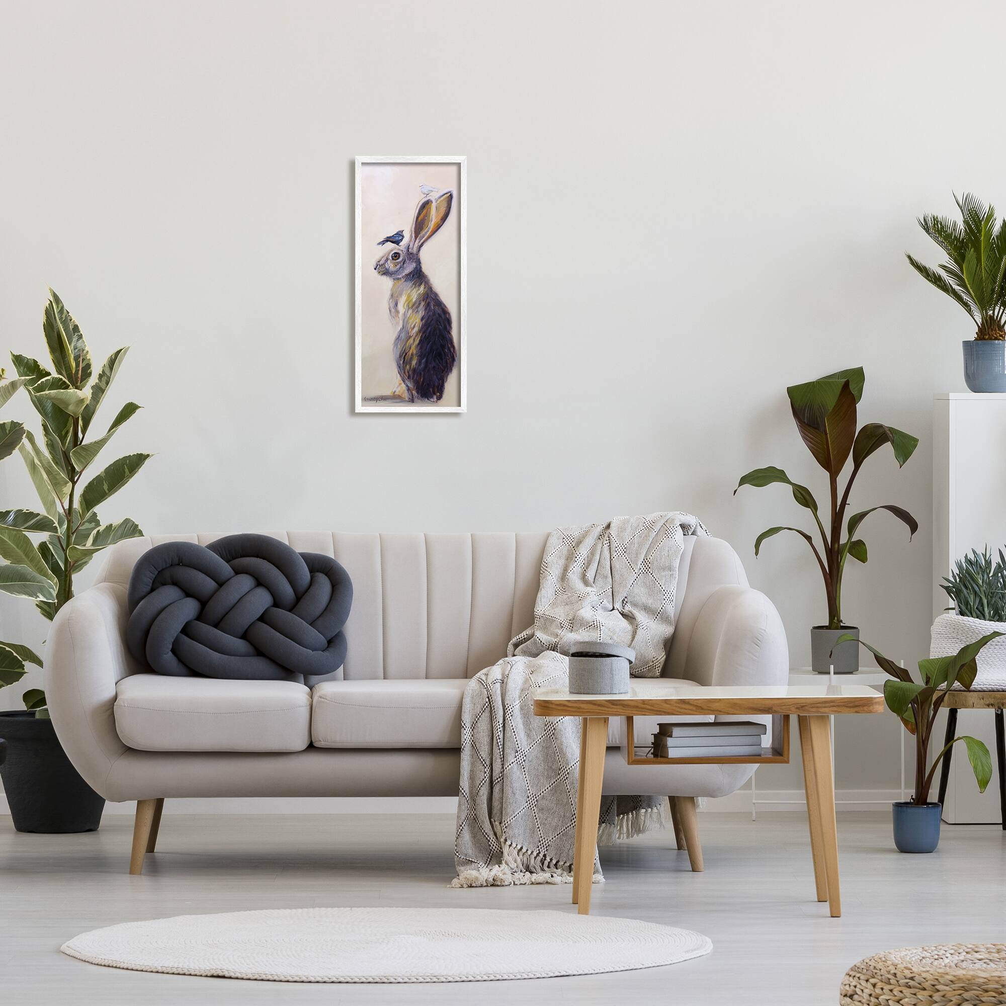 Stupell Industries Minimal Woodland Rabbit with Perched Birds Painting in White Frame Wall Art