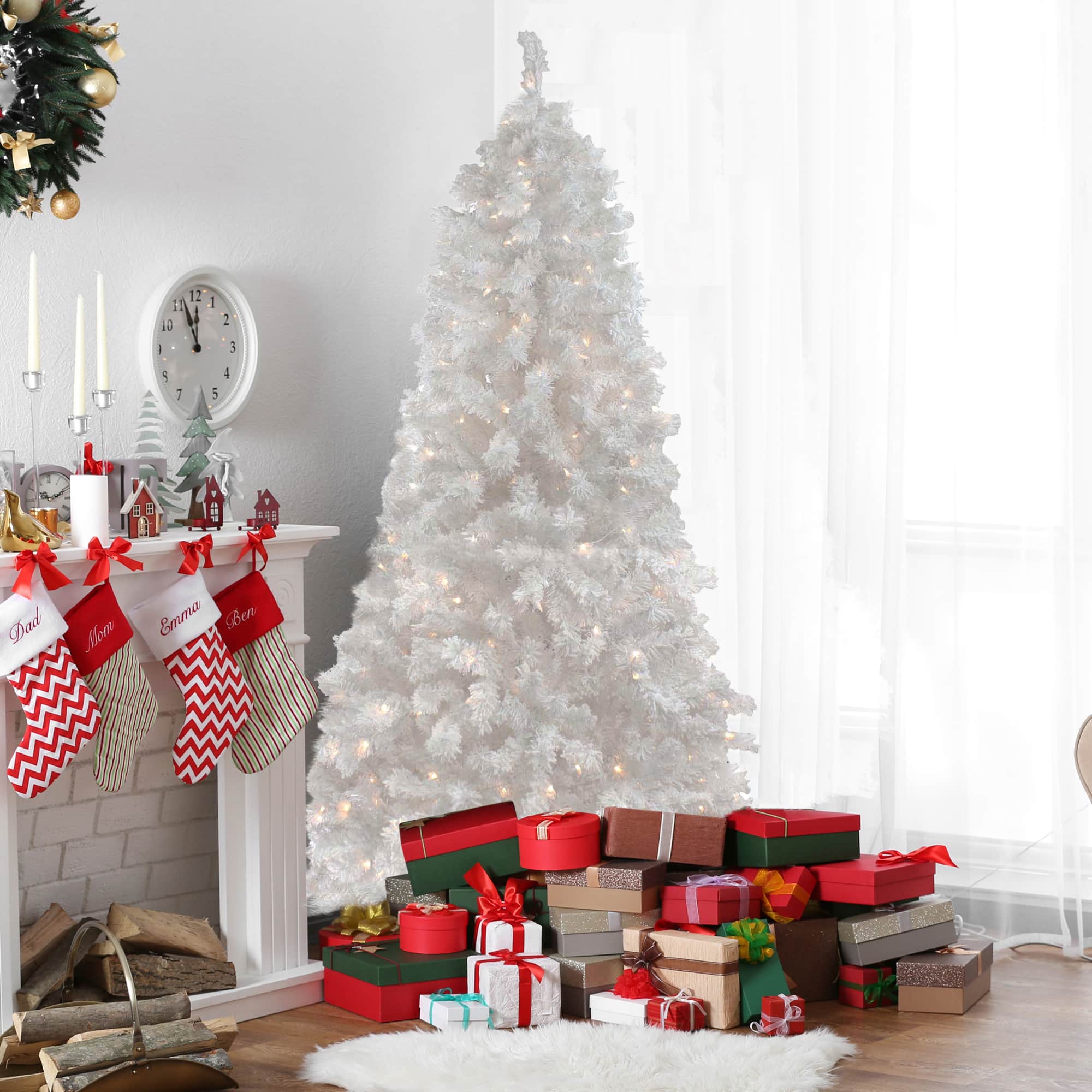 6.5ft. Pre-Lit Flocked White Spruce Artificial Christmas Tree, Clear Lights
