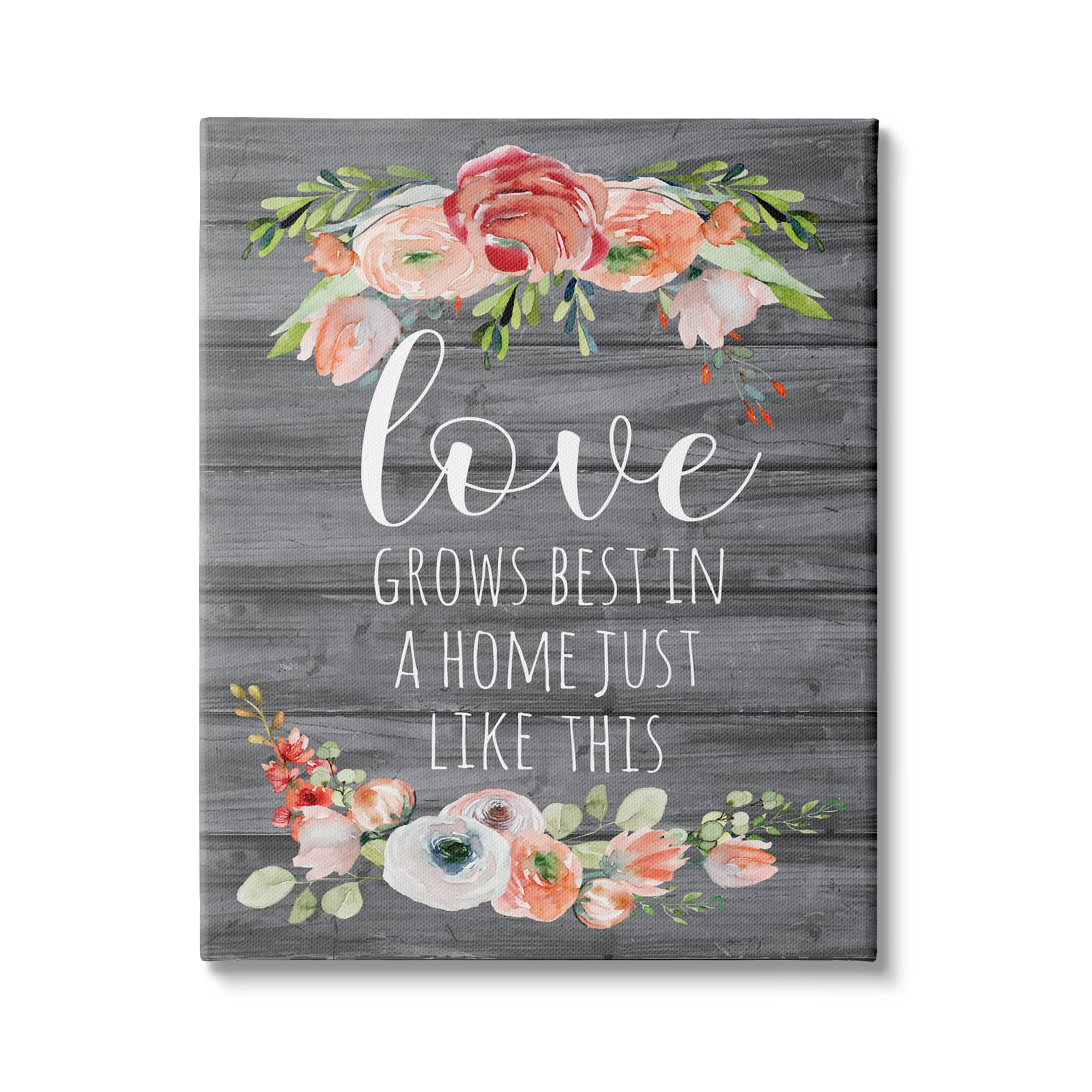 Stupell Industries Love Grows Best Motivational Family Phrase Rustic Flowers Canvas Wall Art