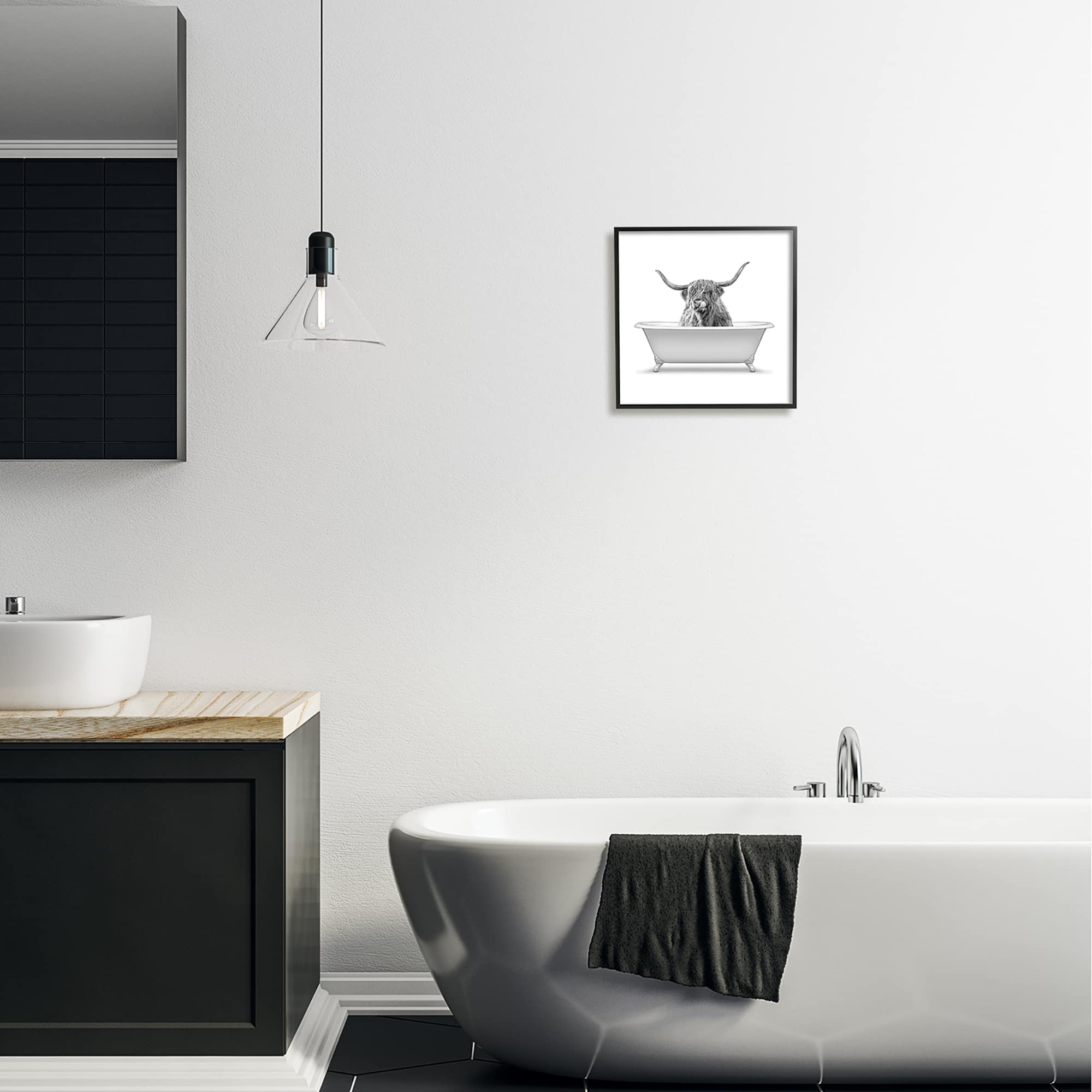 Stupell Industries Longhorn Highland Cow Bath Tub Framed Giclee Art